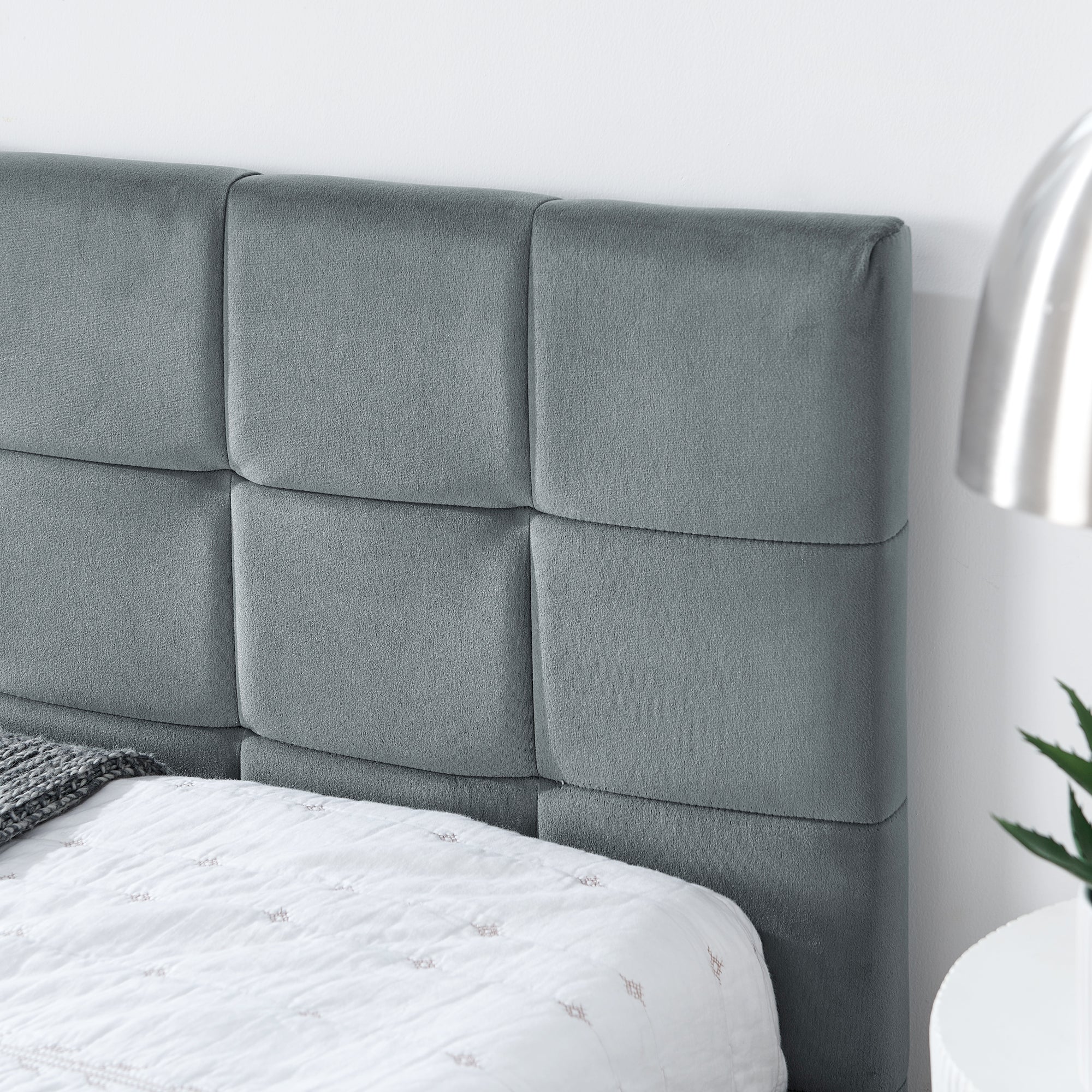 Velvet Grey Full Size Upholstered Tufted Bed Frame with Backrest and Armrests, 80.5''*59''*30.5''