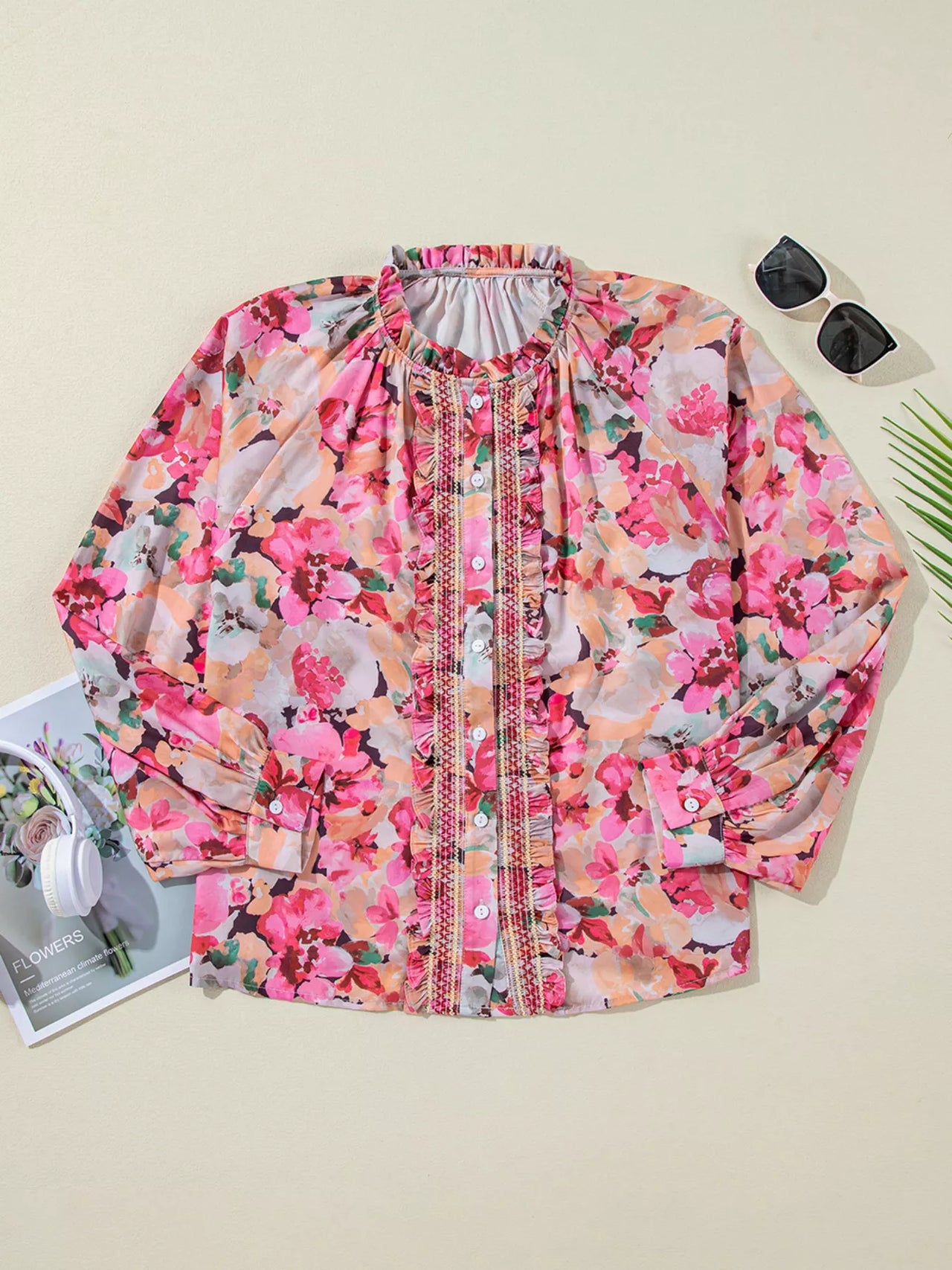 Floral Print Ruffle Trim Long Sleeve Shirt