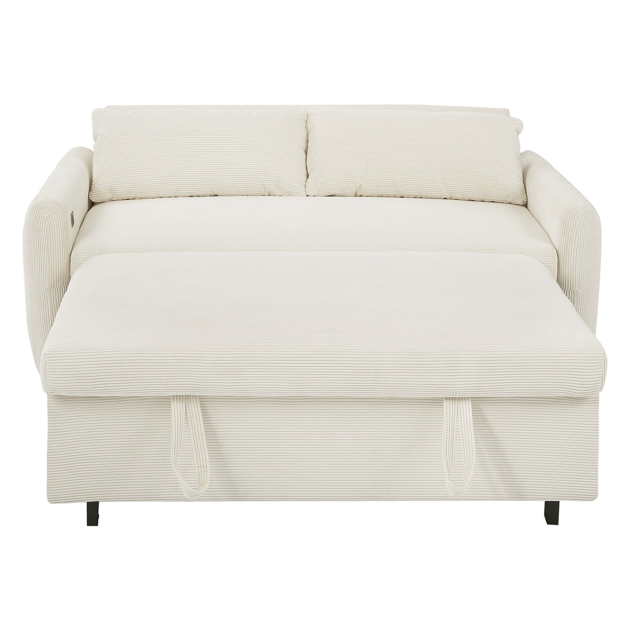 Modern Convertible Pull-out Sofa Bed with USB Ports and Pillows, Beige Corduroy, 57.48 inches