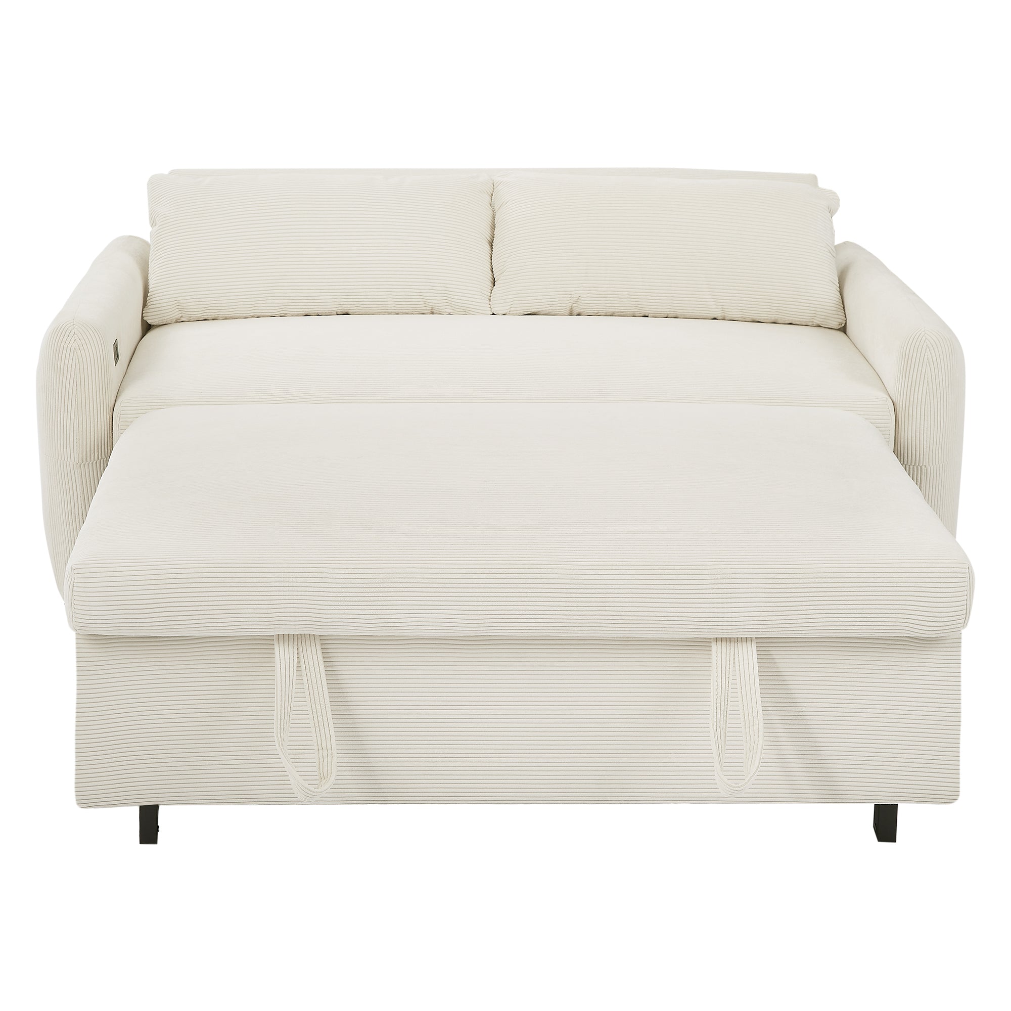 Modern Convertible Pull-out Sofa Bed with USB Ports and Pillows, Beige Corduroy, 57.48 inches
