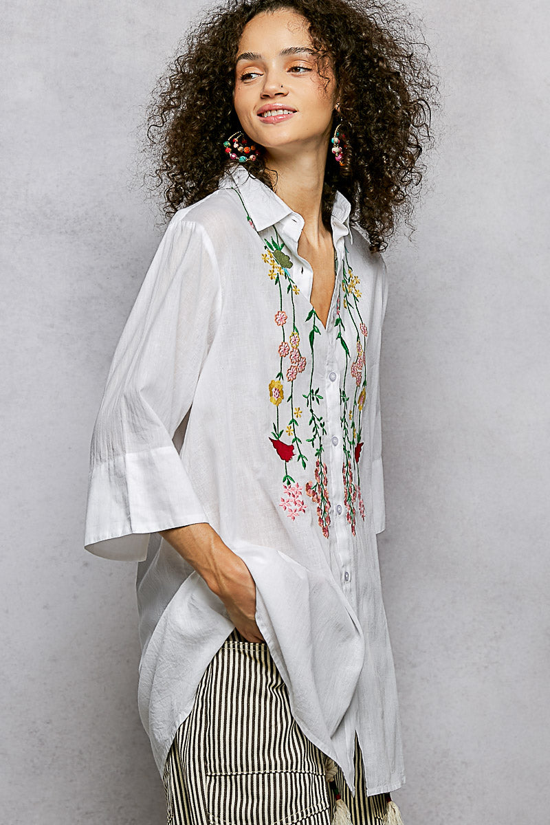 POL Floral Embroidered Half Sleeve Cotton Shirt