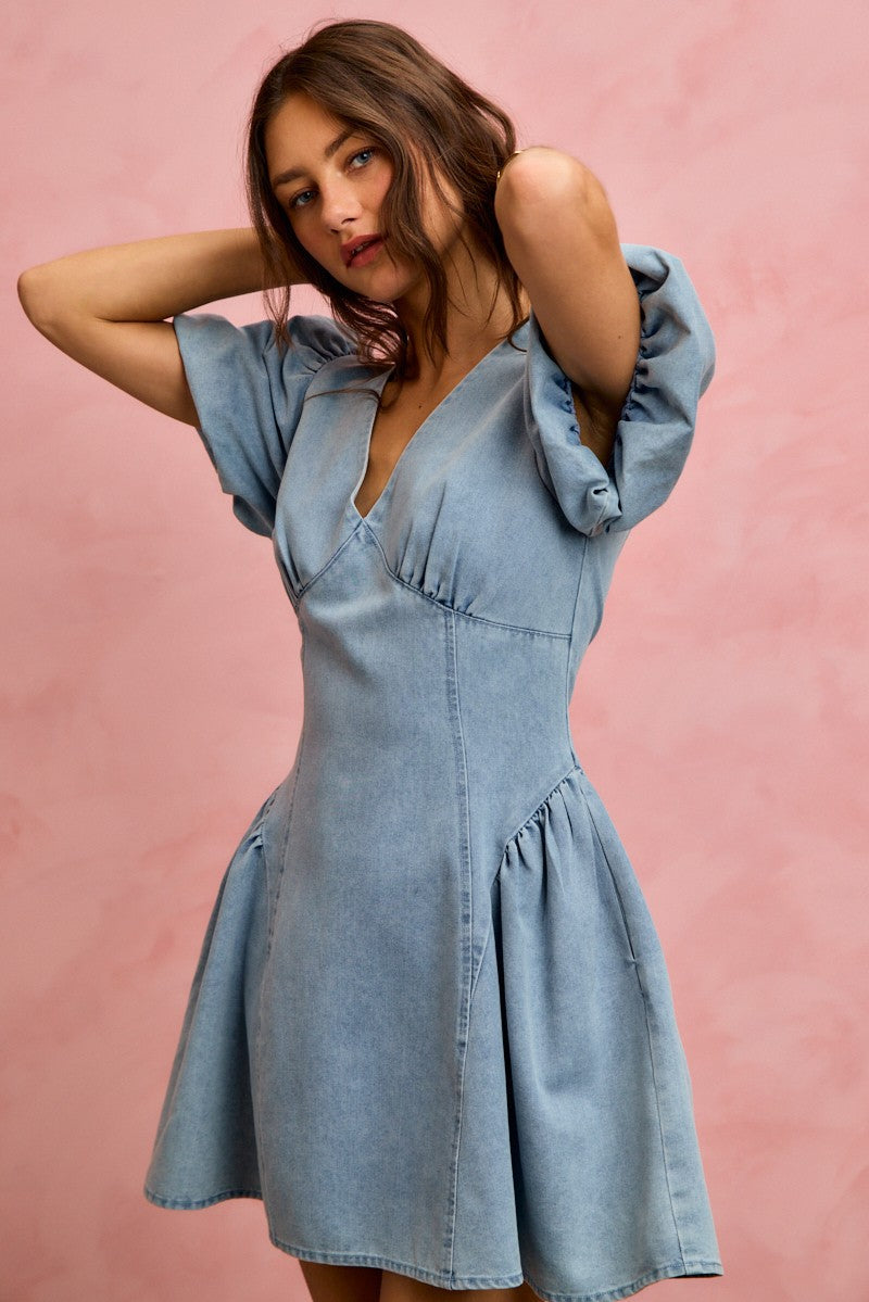 SO ME Bubble Sleeves Denim Fit And Flare Mini Dress