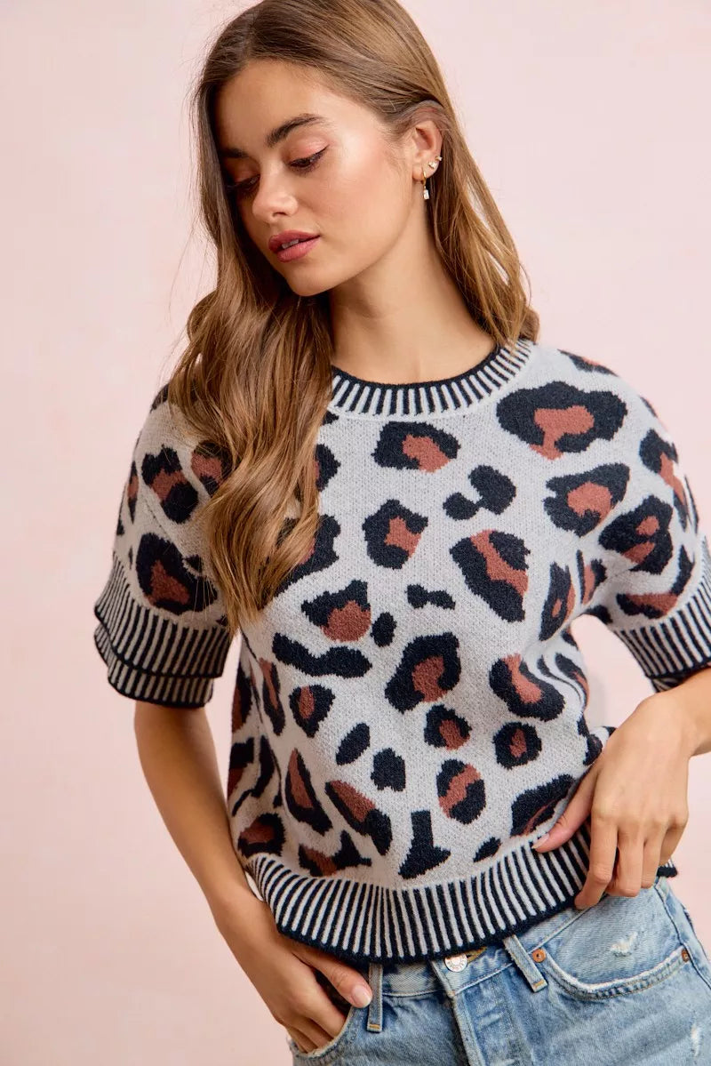 BiBi Two Tone Detail Leopard Knit Double Sleeves Top