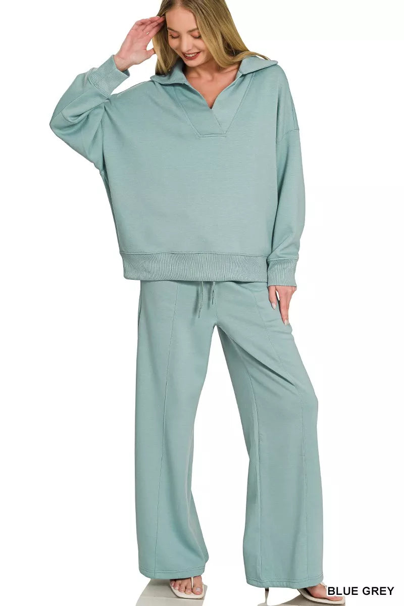 Zenana Scuba Collared Pullover & Center Seam Pants Set