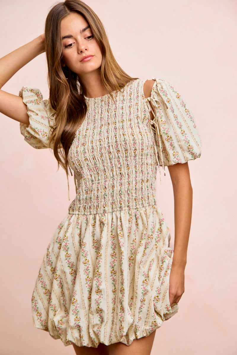 BiBi Floral Bow Tie Attachable Puff Sleeves Dress
