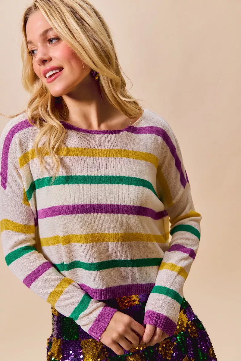 SO ME Mardi Gras Color Stripe Lightweight Sweater Top