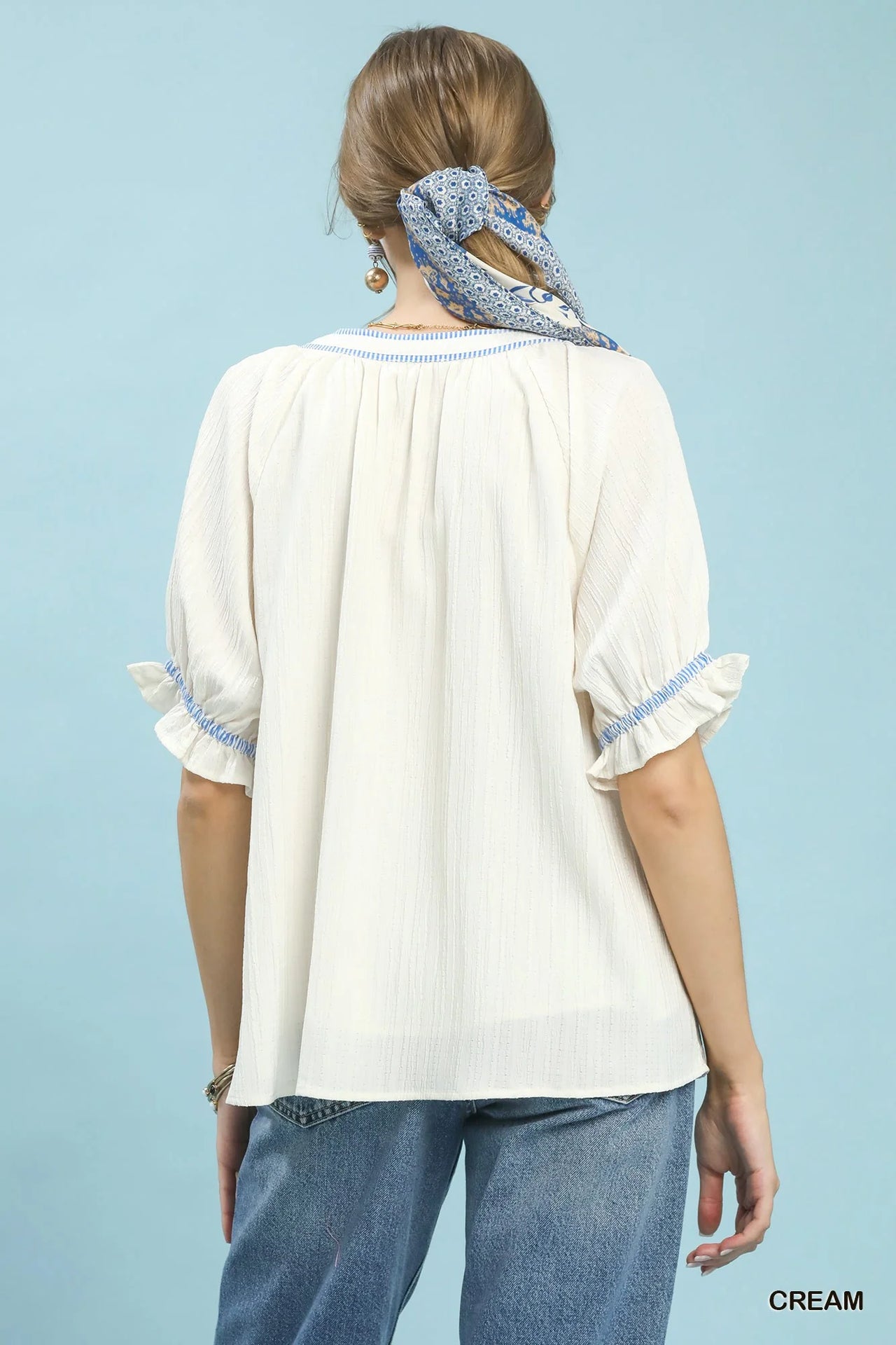 Umgee Textured Split Neck Puff Sleeve Top