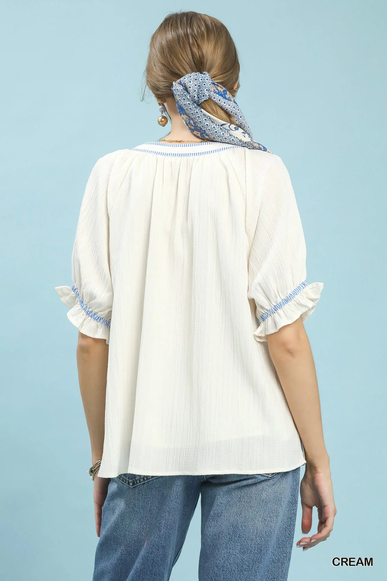 Umgee Textured Split Neck Puff Sleeve Top
