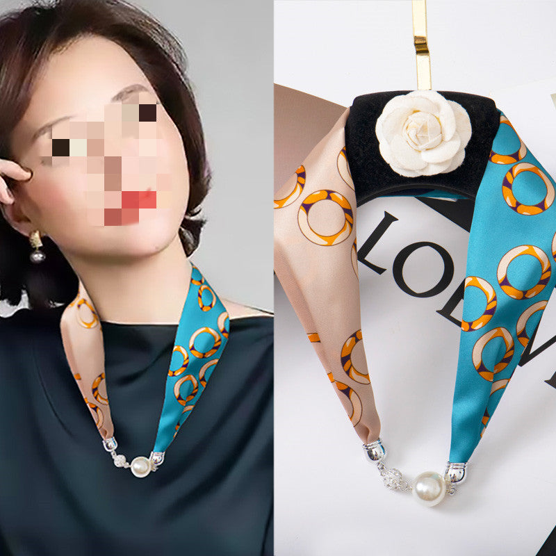 Magnetic Buckle Silk Women Scarf Pearl Necklace (See size chart where applicable)