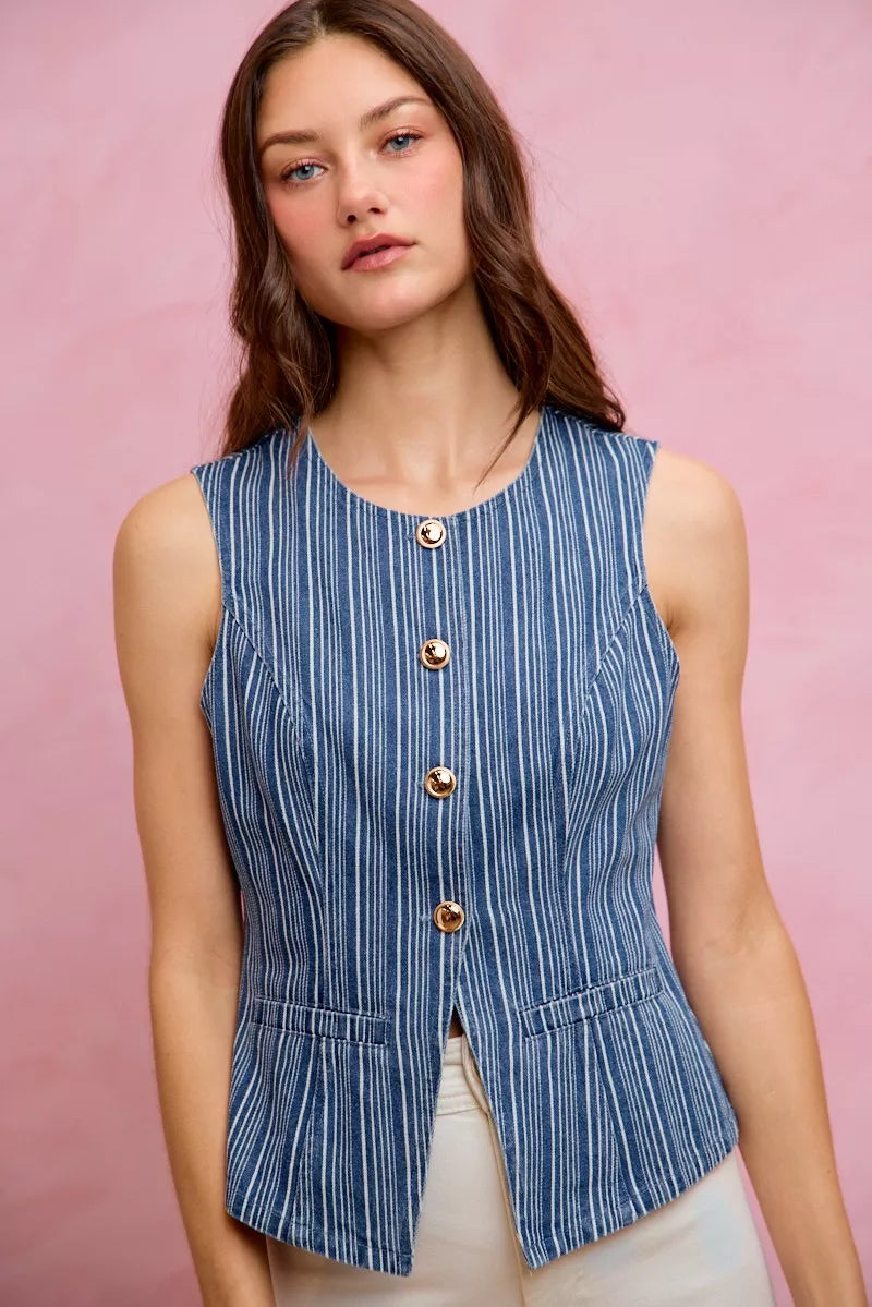 SO ME Stripe Slim Fit Button Front Denim Vest Top