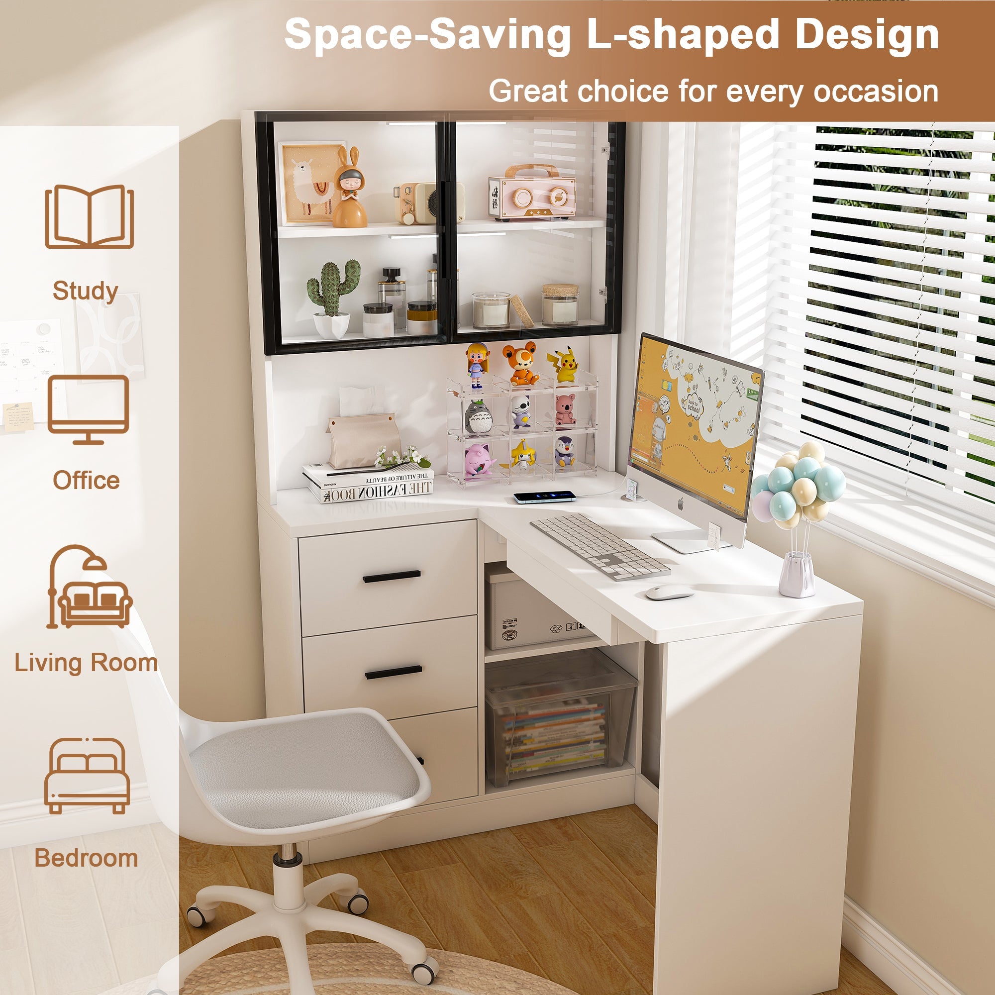 White L-Shaped Computer Desk with Glass Cabinets, Built-In LED Lights, USB Charging Ports, and Keyboard Tray - Ergonomic Office Furniture for Home and Corporate Workspaces