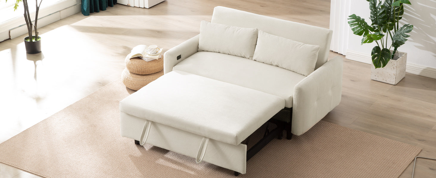 Modern Convertible Pull-out Sofa Bed with USB Ports and Pillows, Beige Corduroy, 57.48 inches