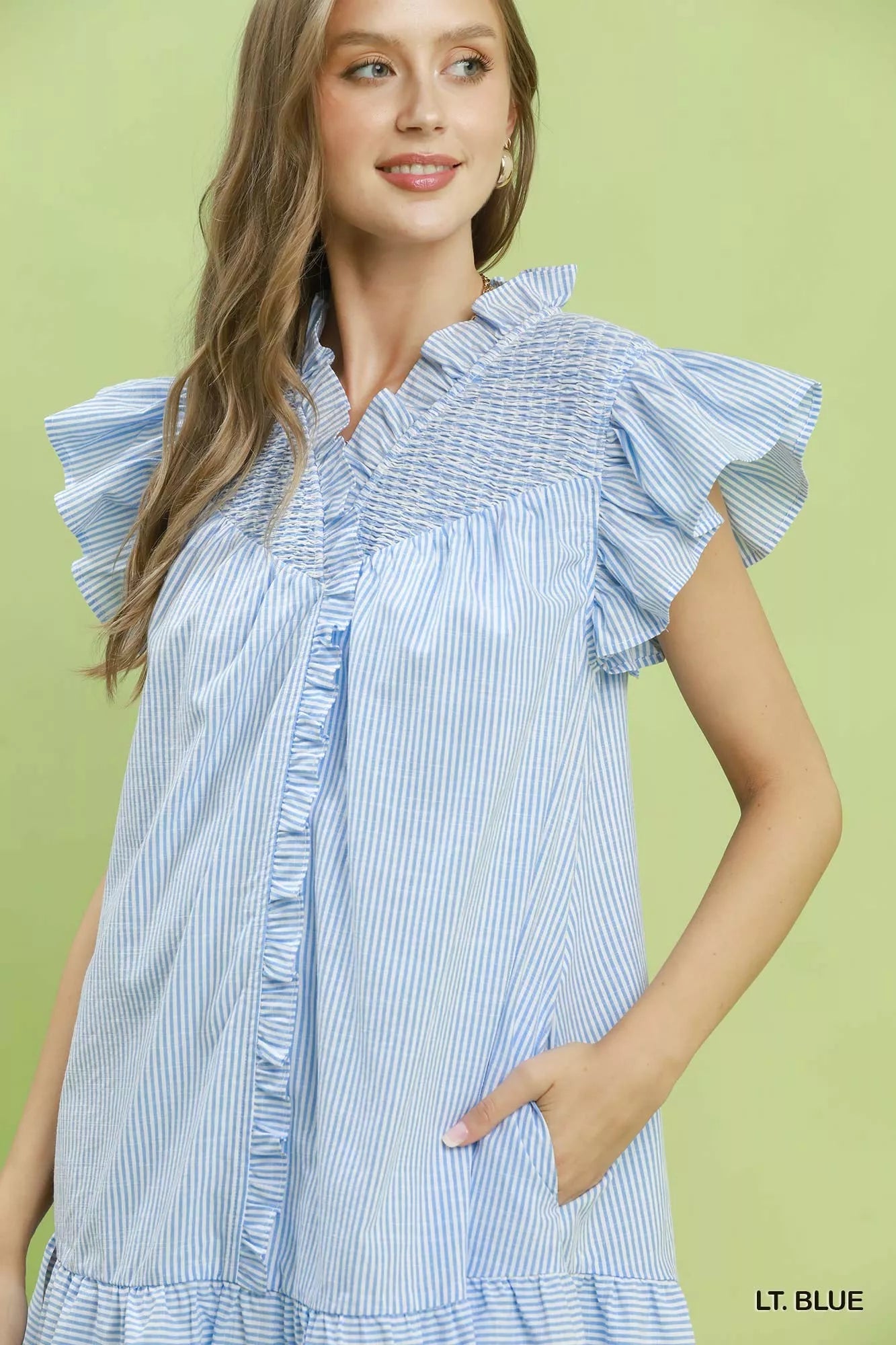 Umgee Stripe Smocked Yoke Ruffle Dress