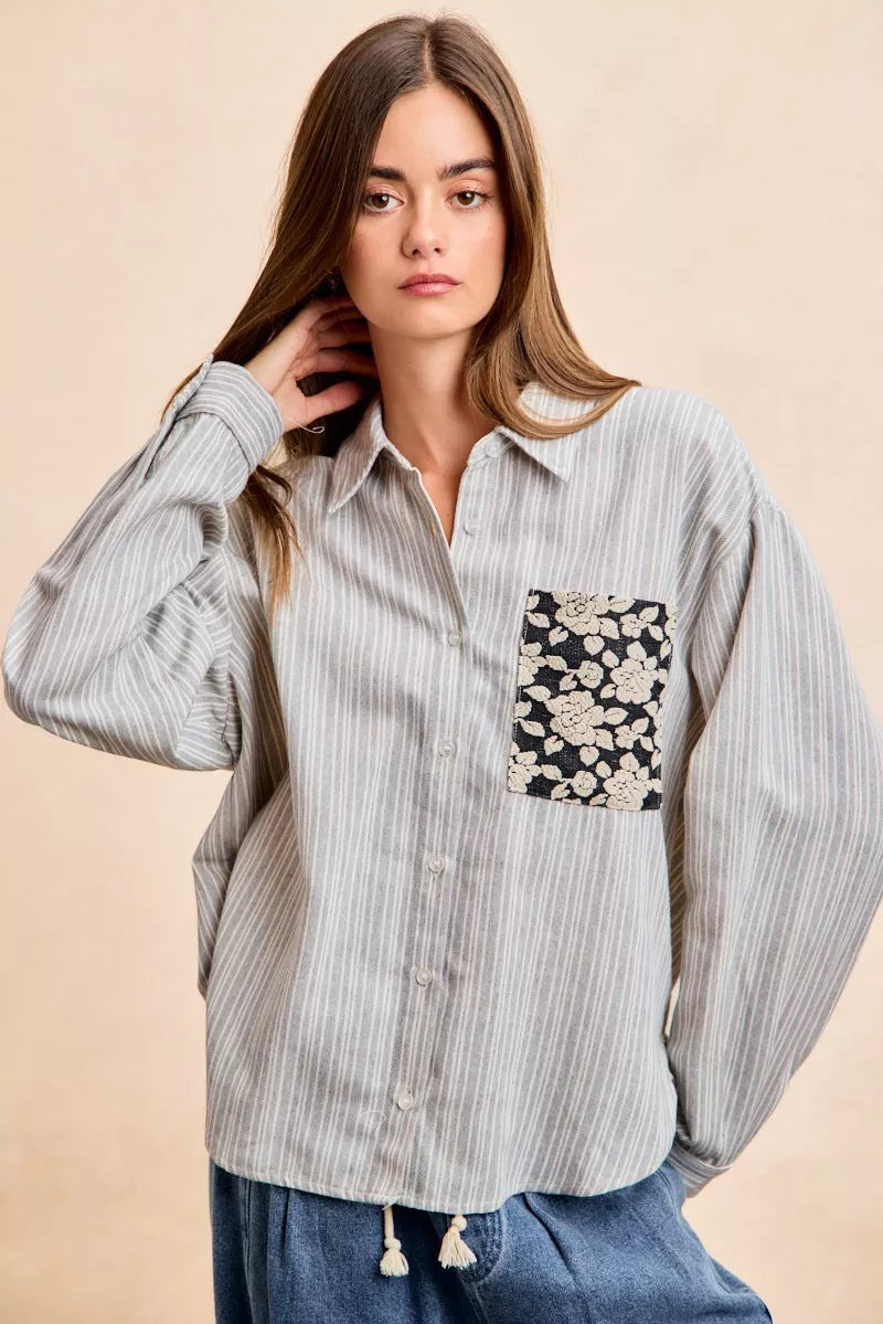 BiBi Flower Jacquard Knit Patch Pocket Stripe Shirt