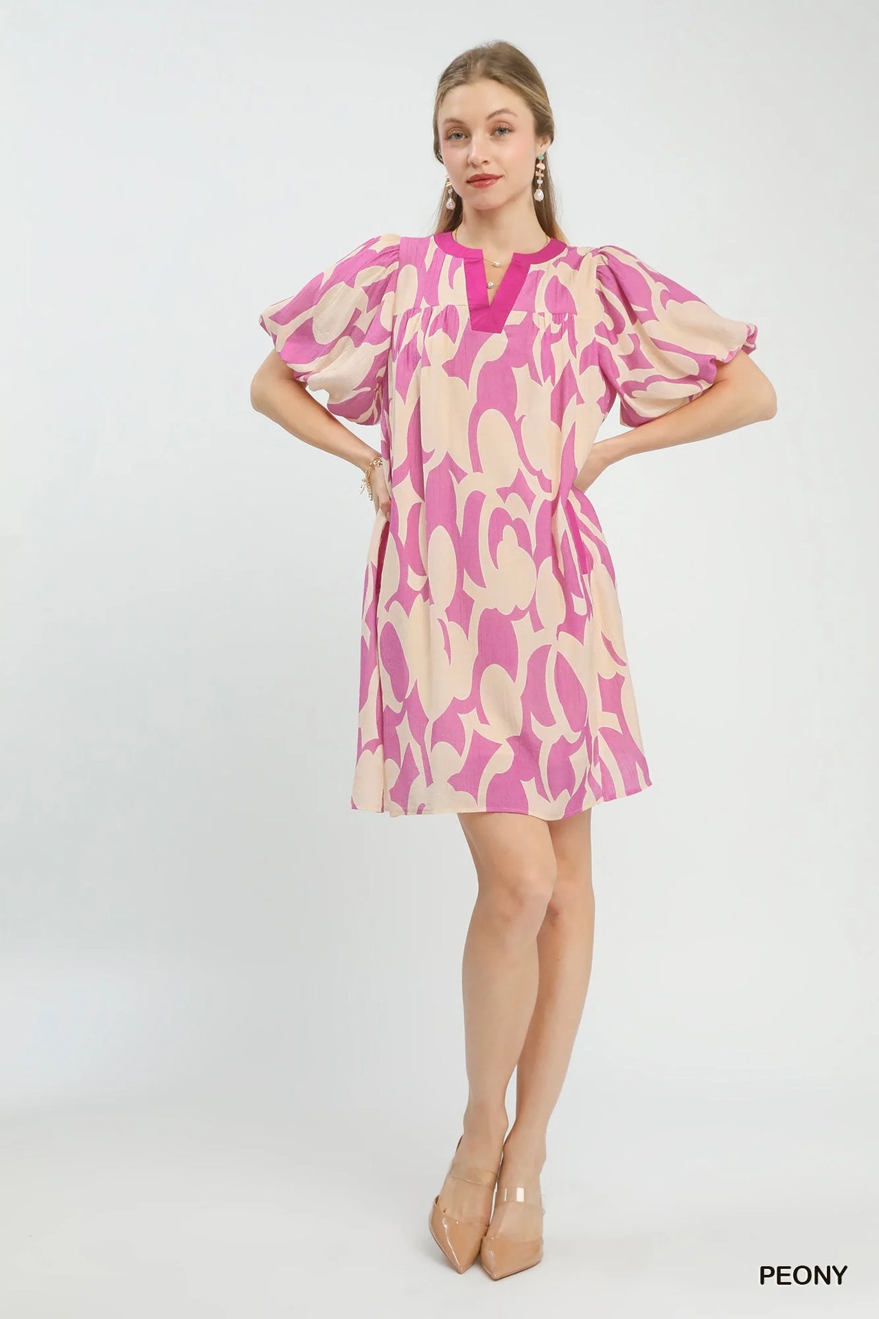 Umgee Abstract Print Puff Sleeve Shift Dress