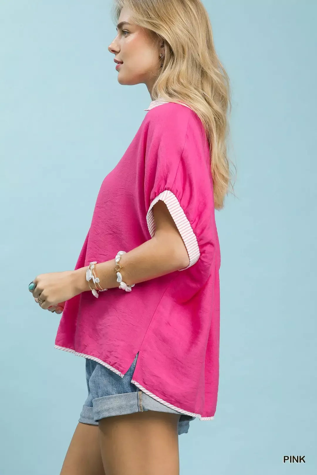 Umgee Oversized Contrast Stripe Trim Top