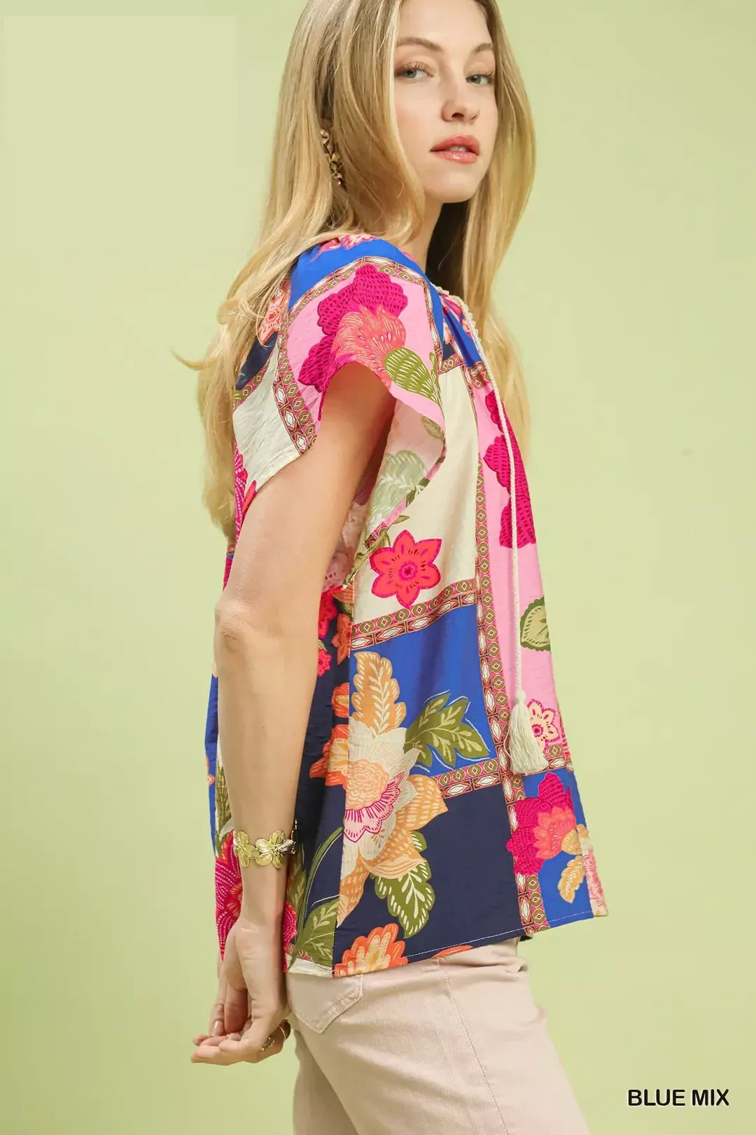 Umgee Mix Floral Patchwork Tassel Tie Top