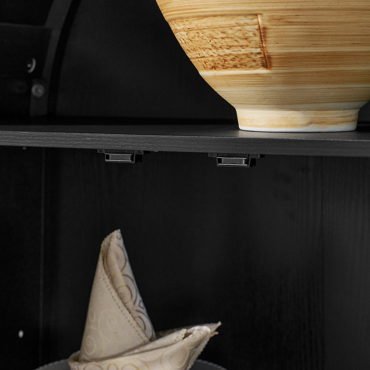 A high arched storage cabinet with a lamp, a modern retro-style wooden storage cabinet with adjustable glass partitions, suitable for use as a multi-functional cabinet in kitchens-Black