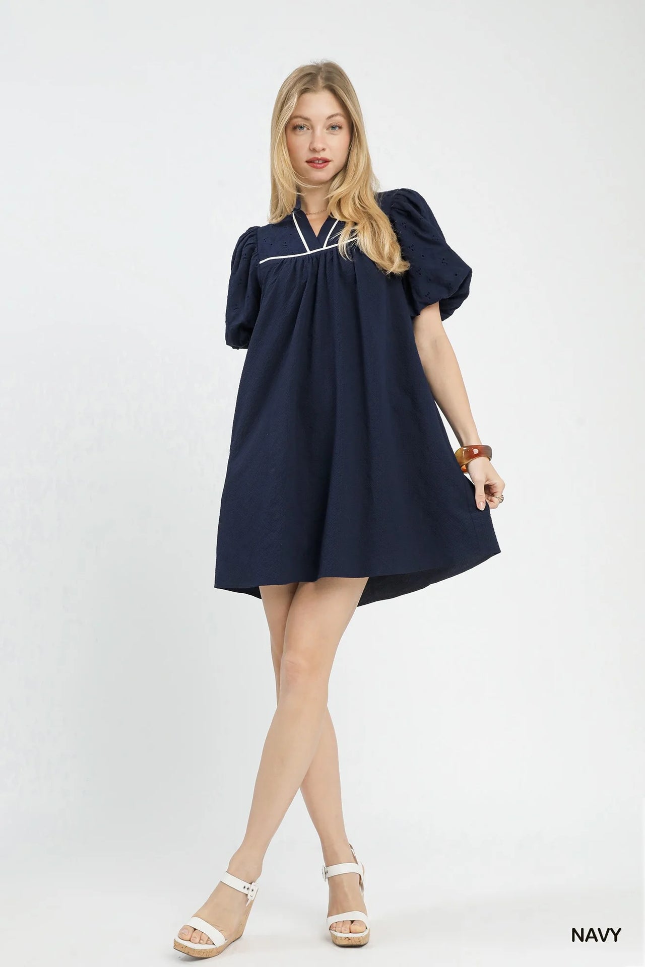 Umgee Puff Sleeve Textured Babydoll Dress