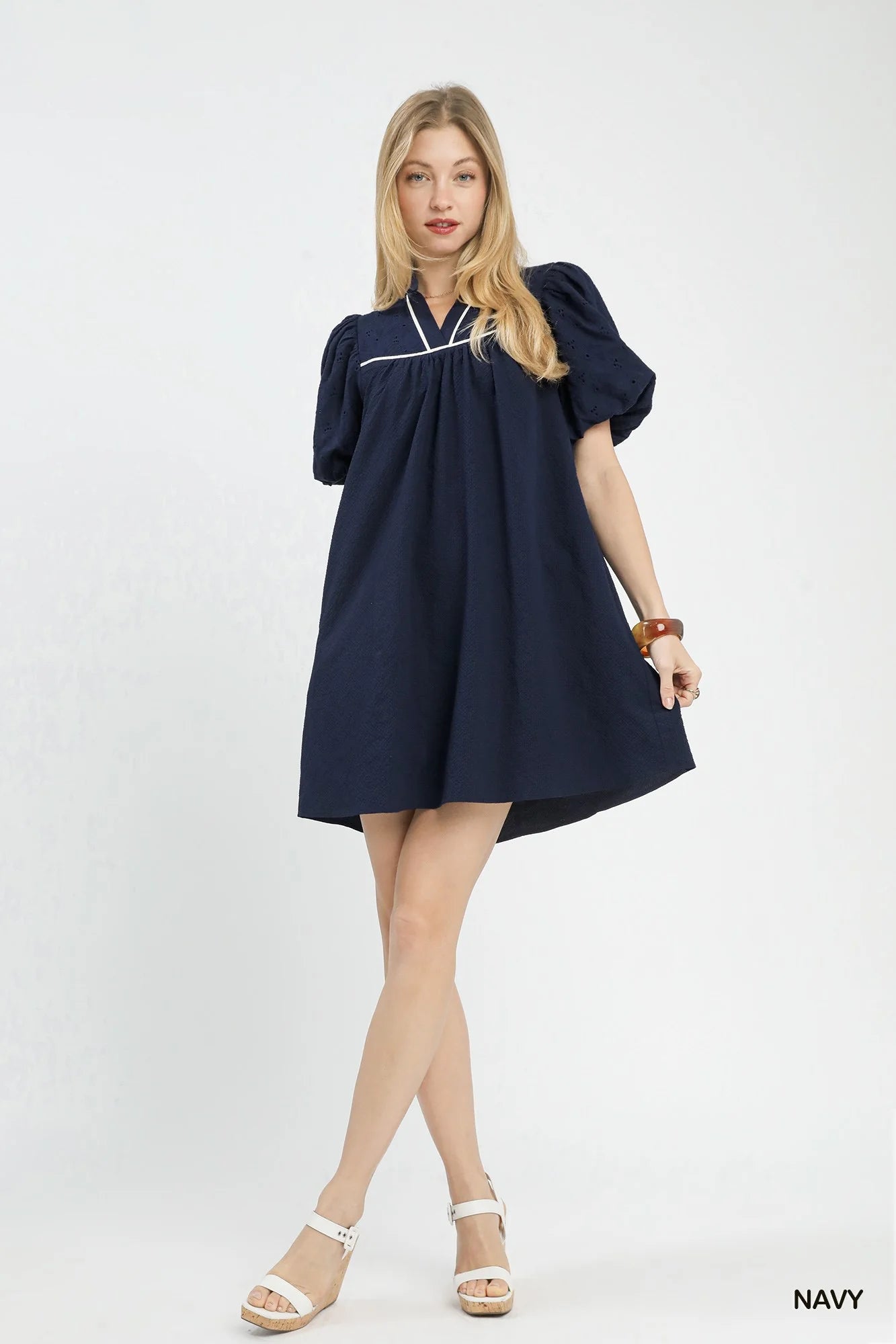 Umgee Puff Sleeve Textured Babydoll Dress