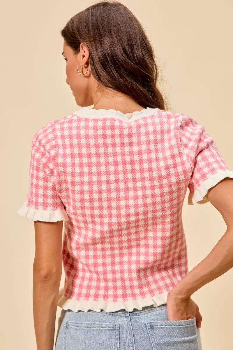 SO ME Gingham Knit Ruffled Short Sleeves Sweater Top