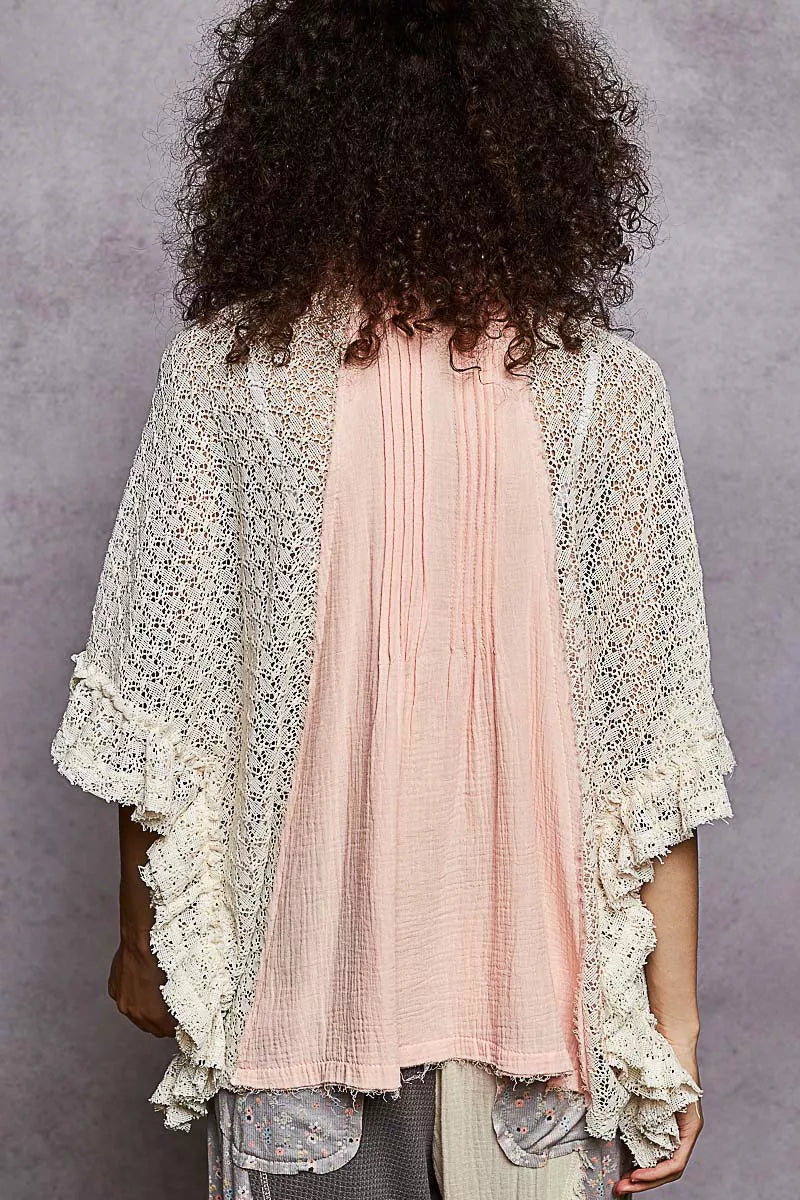 POL Button Down Front Pleated Shirt with Crochet Patch