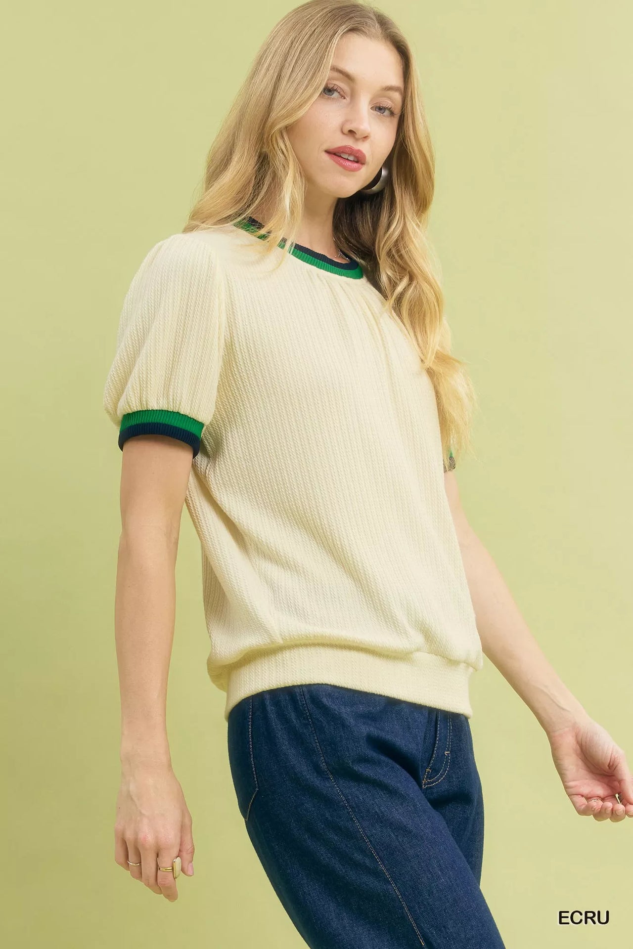 Umgee Puff Sleeve Knit Top with Contrast Rib Trim