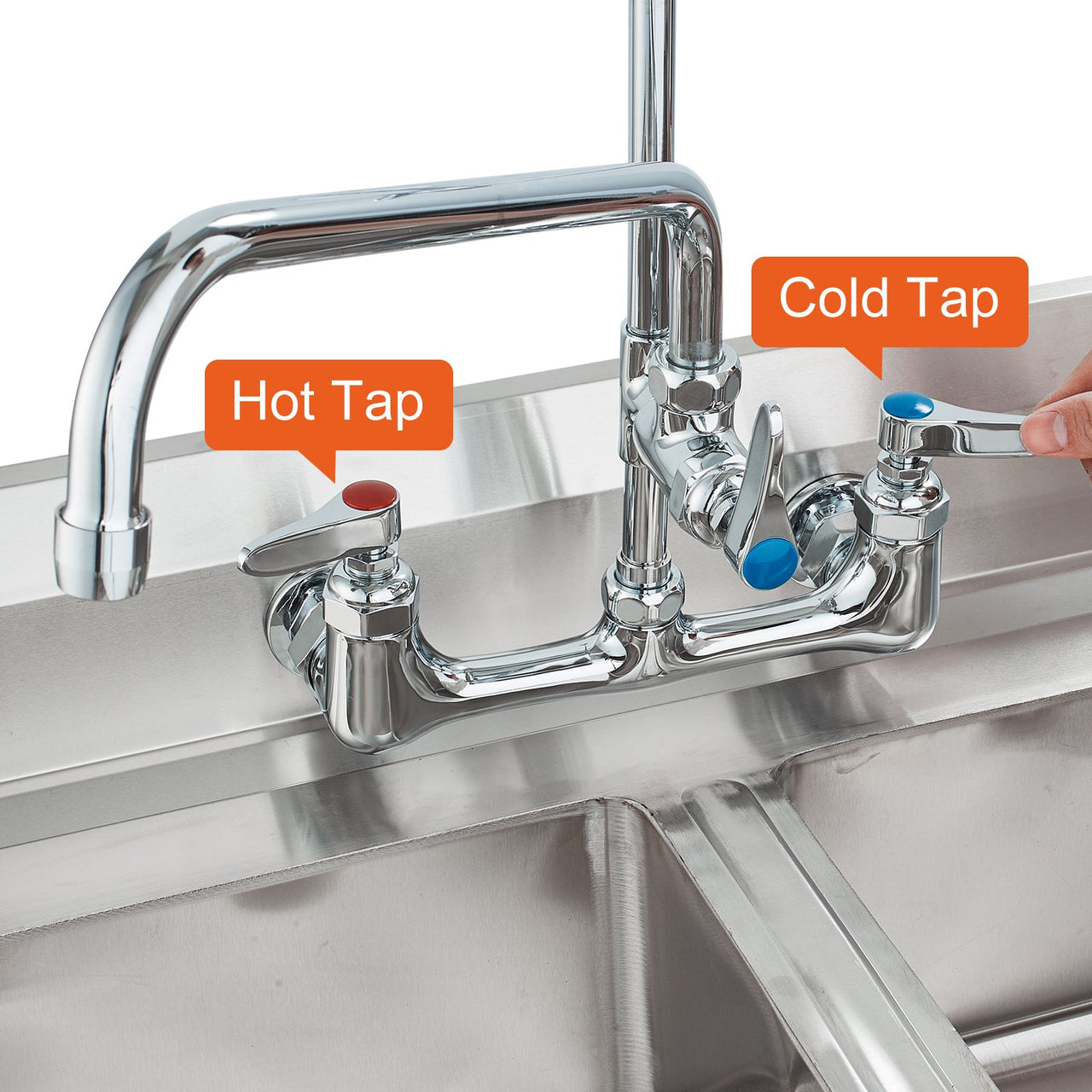 Commercial Faucet with Pre-Rinse Sprayer, 44' Height, 8' Center, 12' Swing Spout, Wall Mount Kitchen Sink Faucet, Brass Constructed Device with Pull Down Spray, for 1/2/3 Compartment Sink