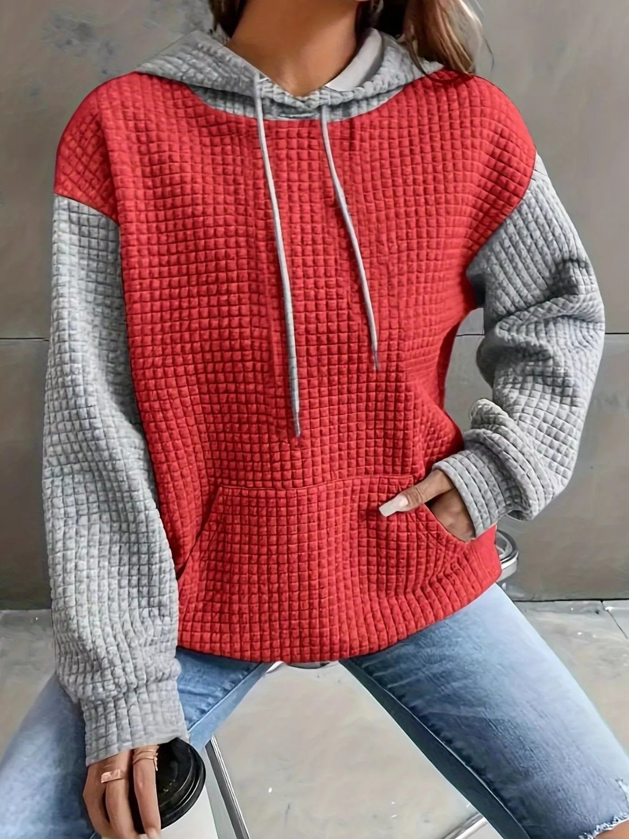 Full Size Textured Kangaroo Pocket Hoodie Plus Size