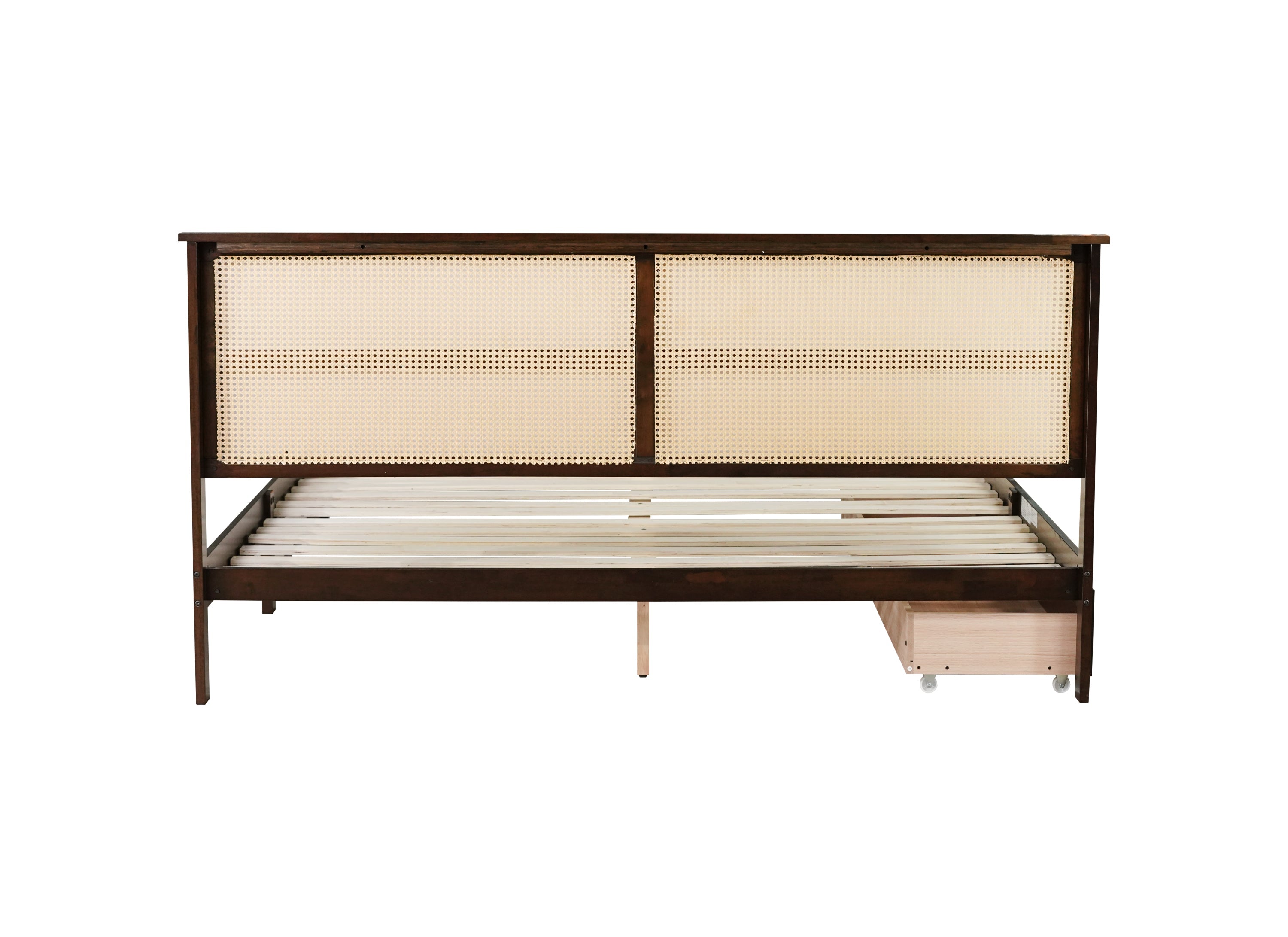King Size Bed with Rattan Headboard, Two Storage Drawers, Rubber Wood Bed with Enhanced  Support Salts and Feet,Espresso