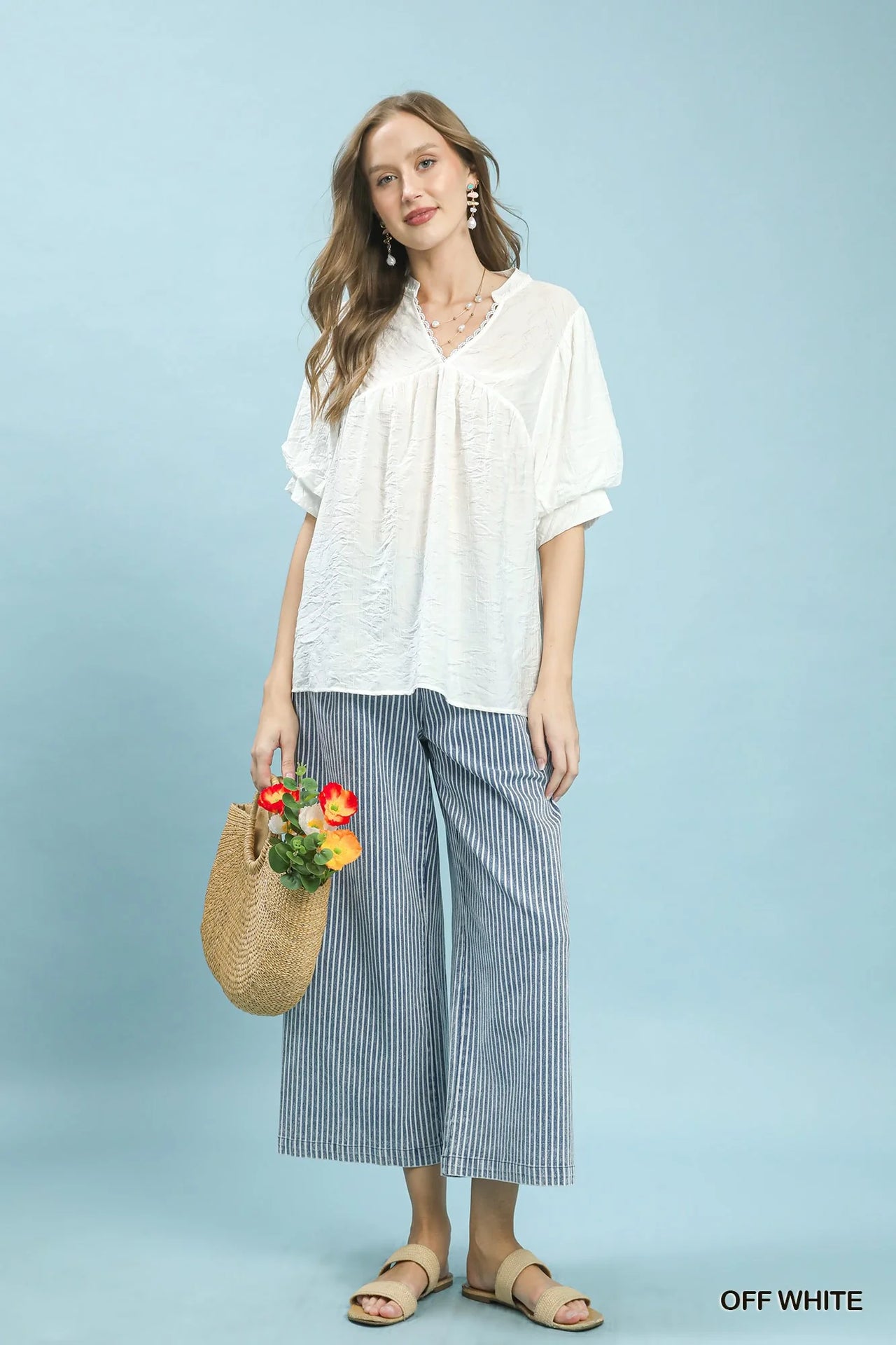 Umgee Textured Lace Trim V-Neck Boho Blouse
