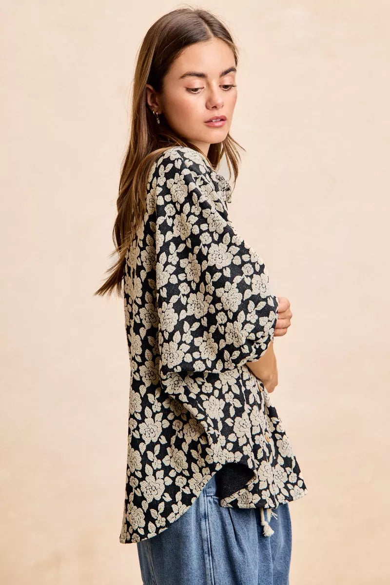 BiBi Floral Jacquard Short Dolman Sleeves Shirt