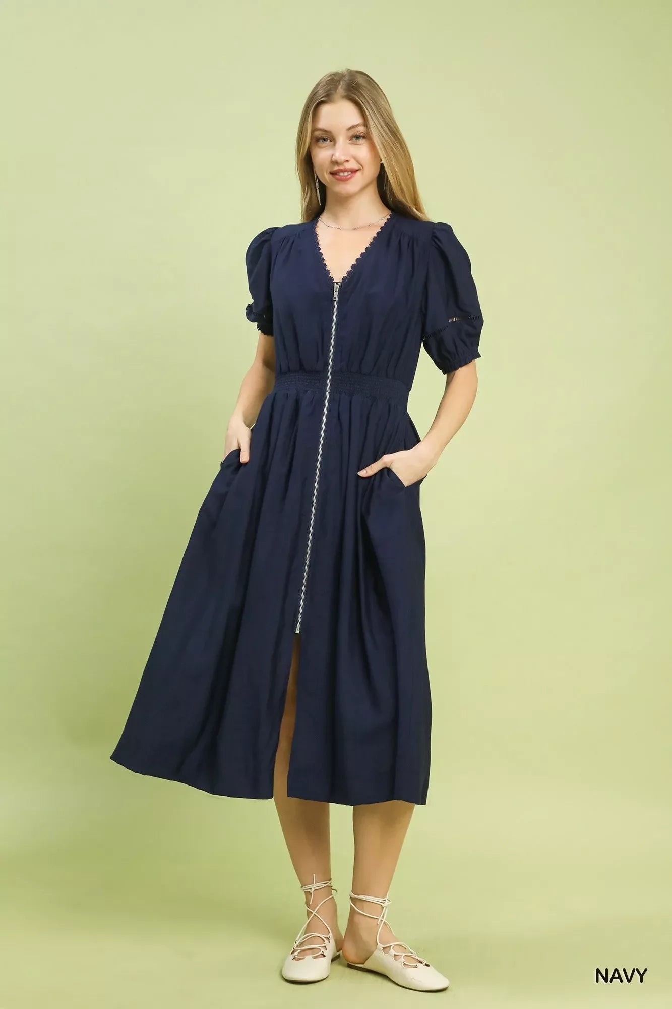 Umgee Zip-Front Smocked Waist Midi Dress