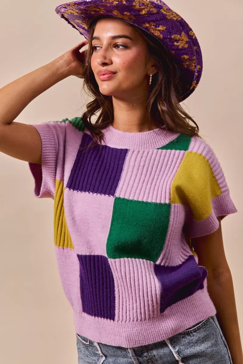 SO ME Mardi Gras Check Plaid Casual Sweater Top