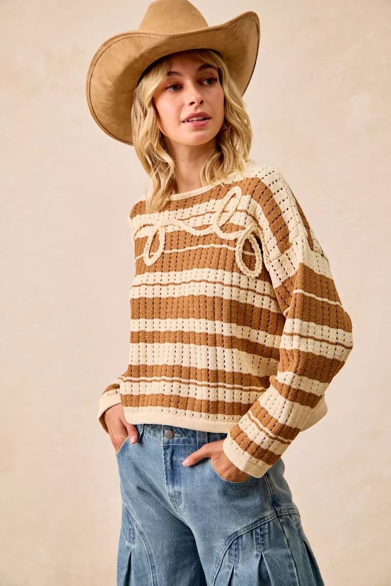 BiBi Striped Open Knit Sweater Top with Front Braided Detail