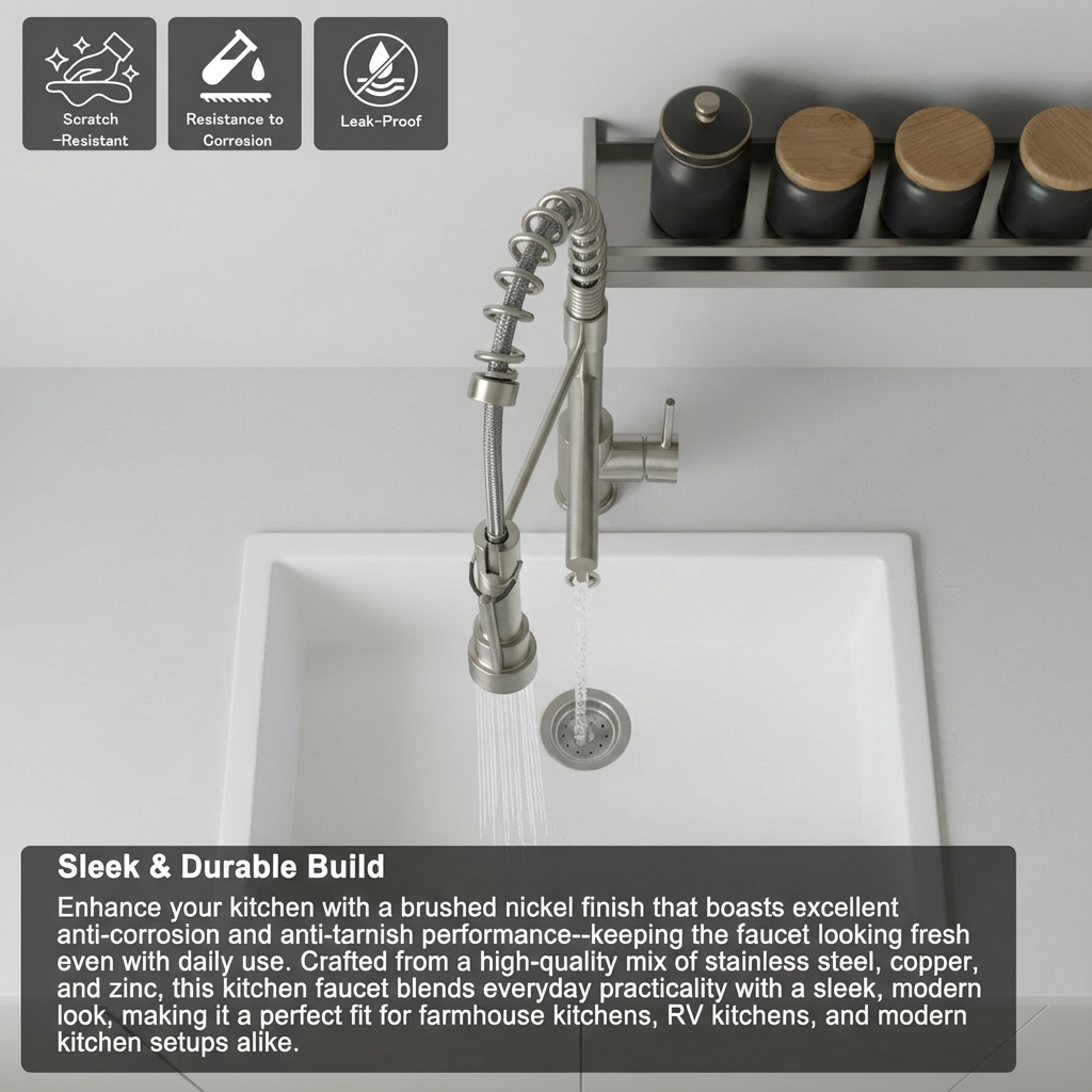 Kitchen Faucet with Pull Down Sprayer, Touch On Single Handle 2- Function Stainless Steel Spring Neck, Single Hole Installation for Residential, Commercial, RV, Bar & More, Brushed Nickel