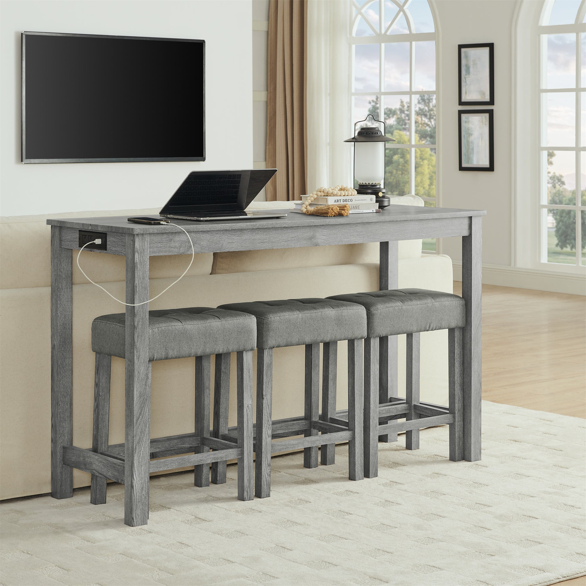 59 Inch Bar Table, Dining Table, Sofa Table with Power Outlet, 3 Upholstered Stools, 4 Piece Bar Table and Chair Set for Living Room, Dining Room, Kitchen