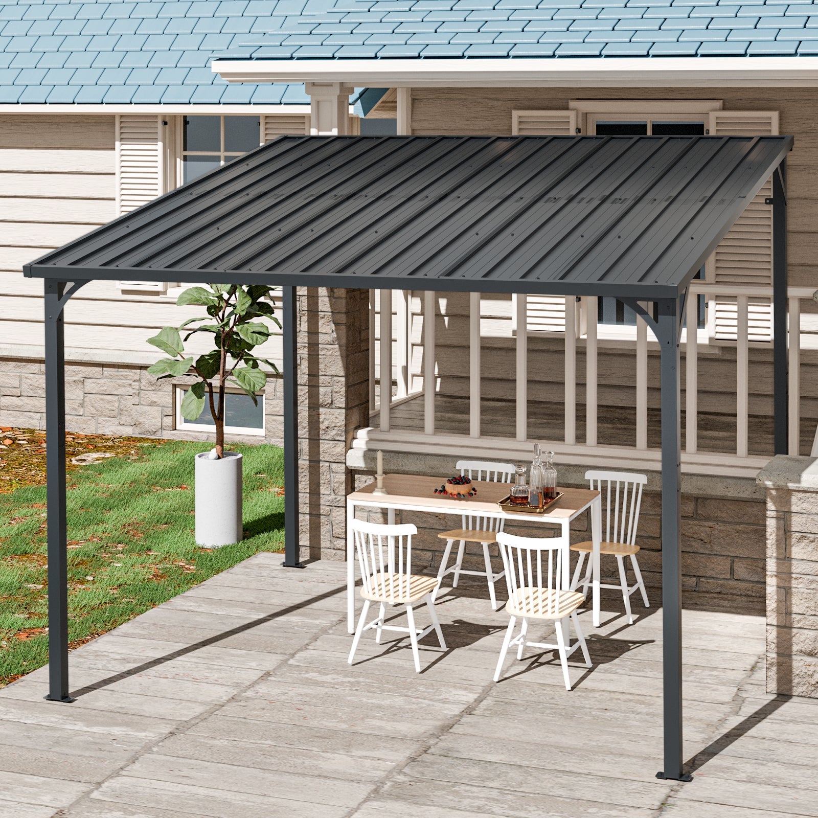 Outdoor Pergola 8' x 10' Metal Inclined Roof Pergolas Waterproof Wall-mounted iron sheet shed Gazebo for Patio,Garden,Yard