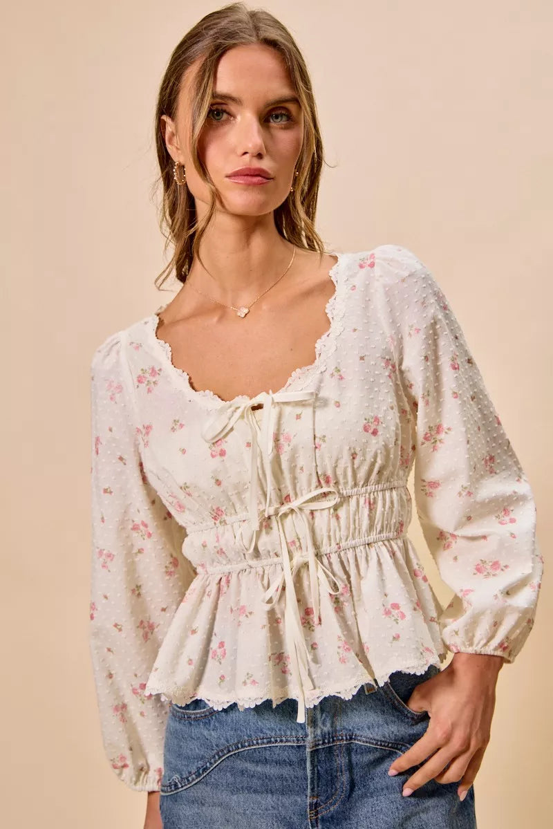 SO ME Floral Clip Dot Lace Trim Ruched Bodice Blouse