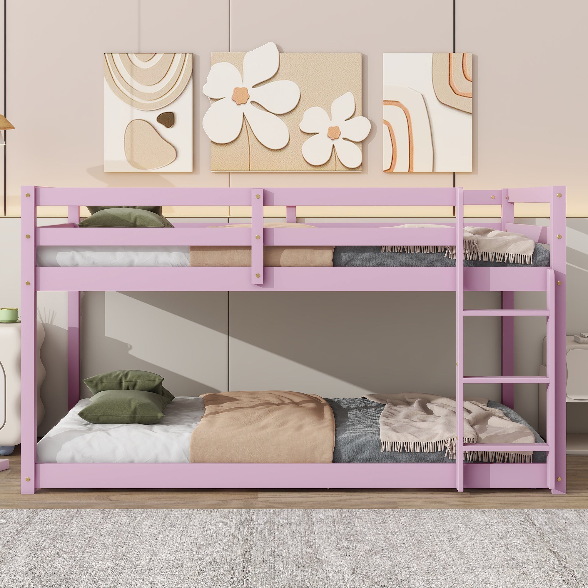 Solid Wooden , Solid Rubber Wooden Twin over Twin Floor Bunk Bed with Ladder ,Upper and Bottom Bed Platforms crafted with Strengthened Slats ,Pink