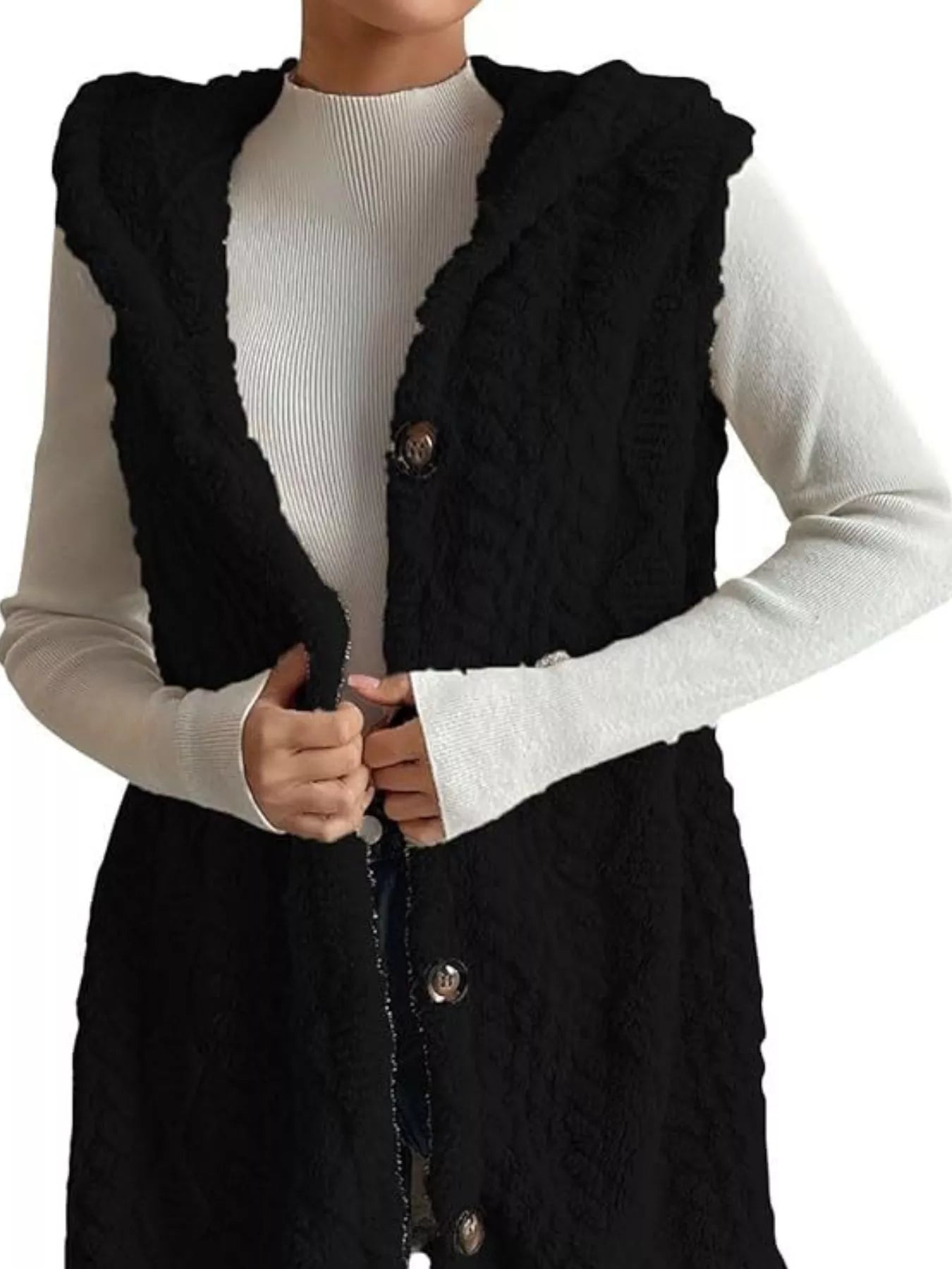 Button-Down Sherpa Hooded Vest Coat