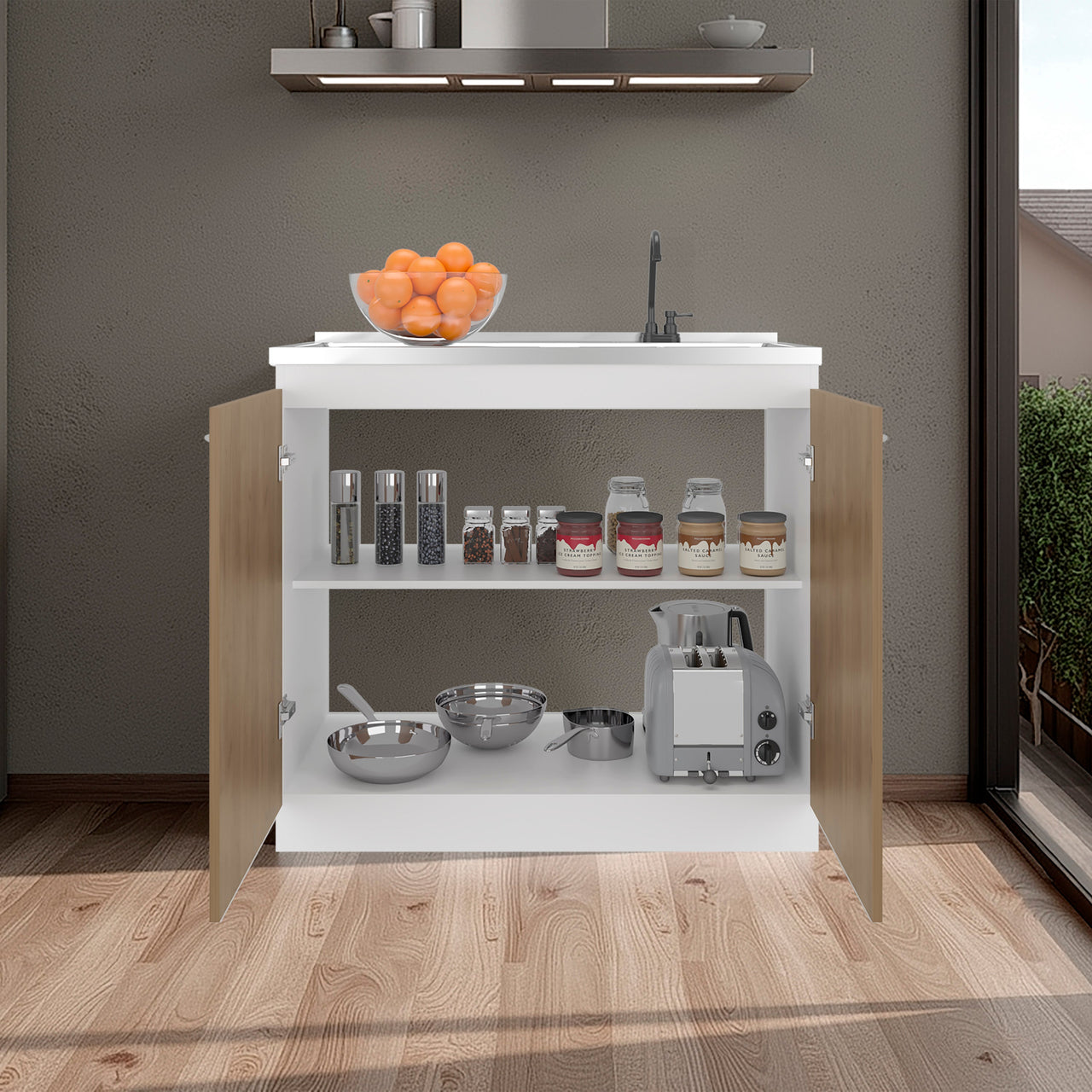 Napoles Utility Sink with Faucet Inclued and Integrated Stainless Steel Counter top, Freestanding cabinet with two doors, Metal Handles and Two interior shelves, Natural+White