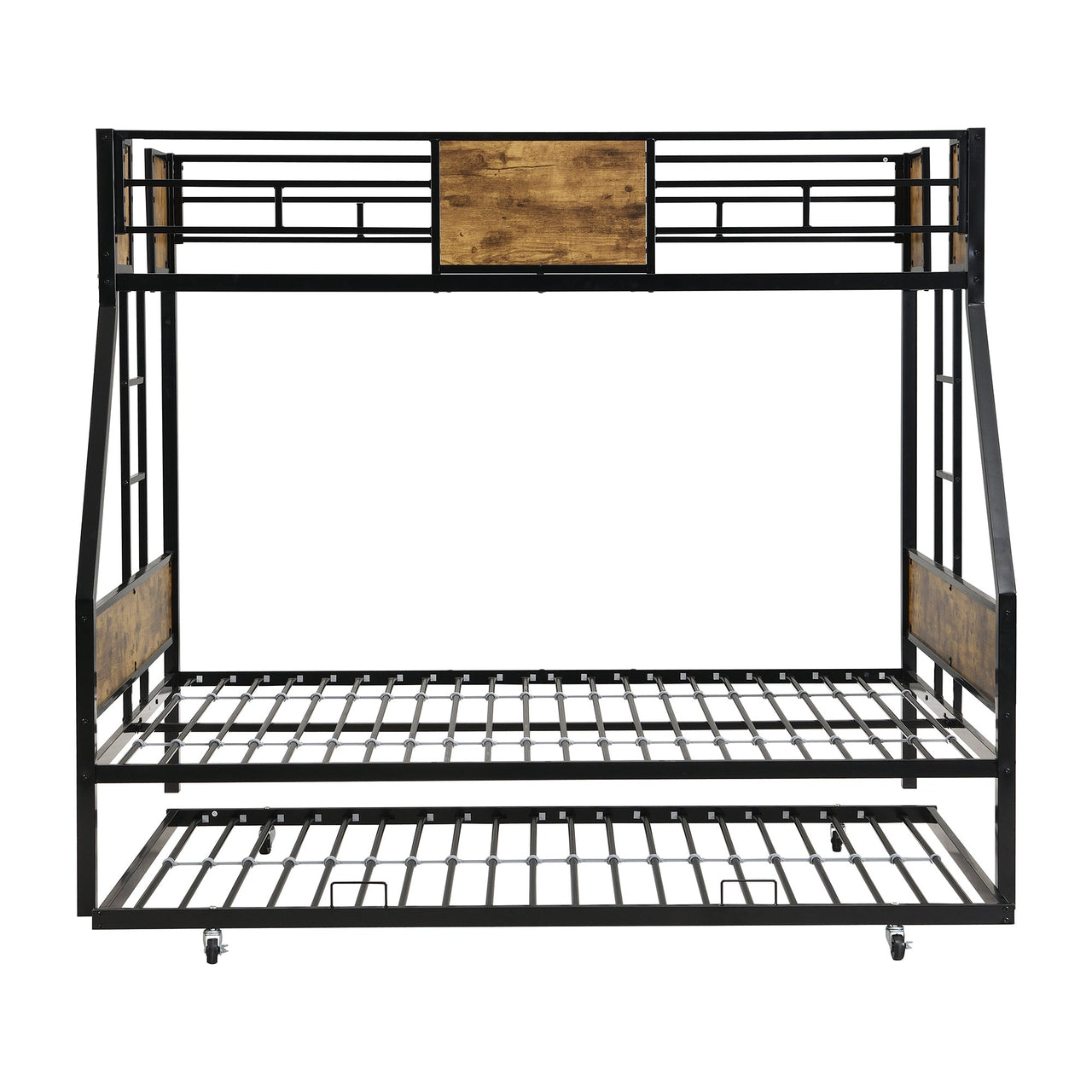 Modern Twin Over Full Metal Bunk Bed with Trundle and Dual Side Ladder, Black & Brown MDF and Metal Design, Easy Assembly