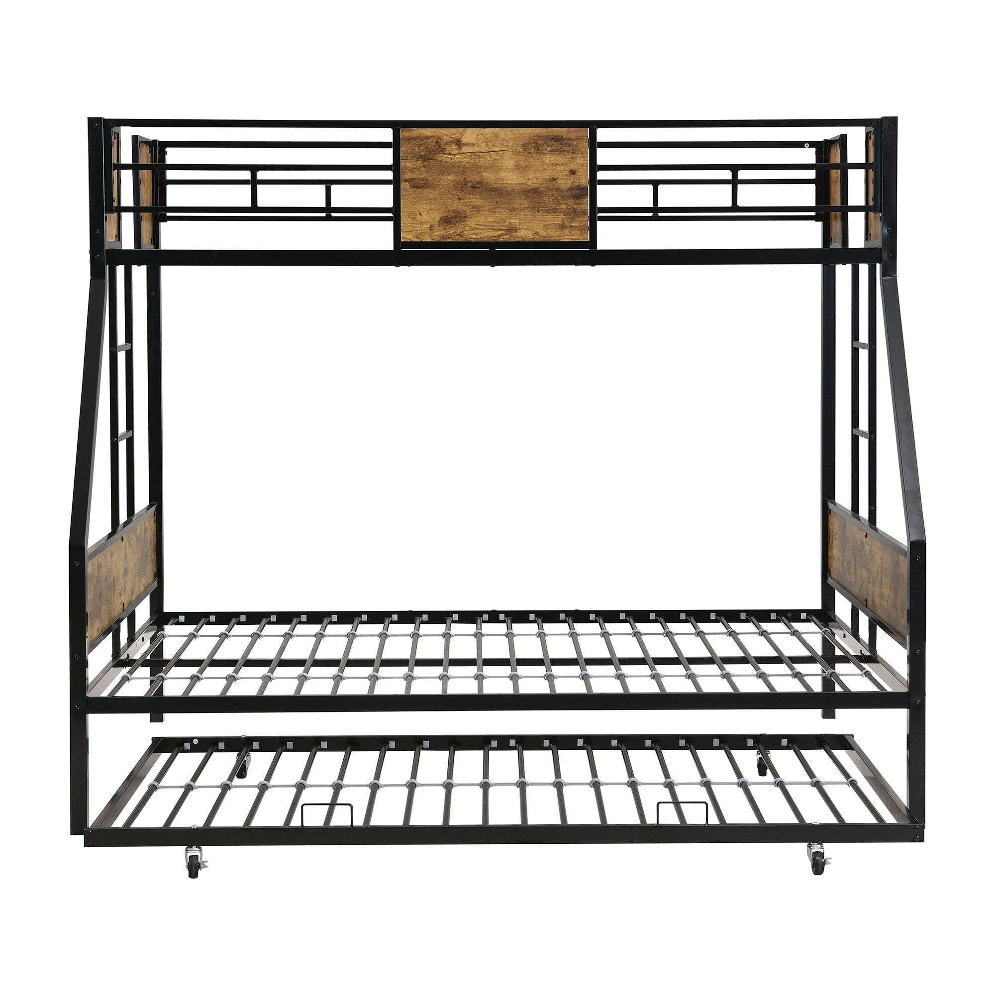 Modern Twin Over Full Metal Bunk Bed with Trundle and Dual Side Ladder, Black & Brown MDF and Metal Design, Easy Assembly
