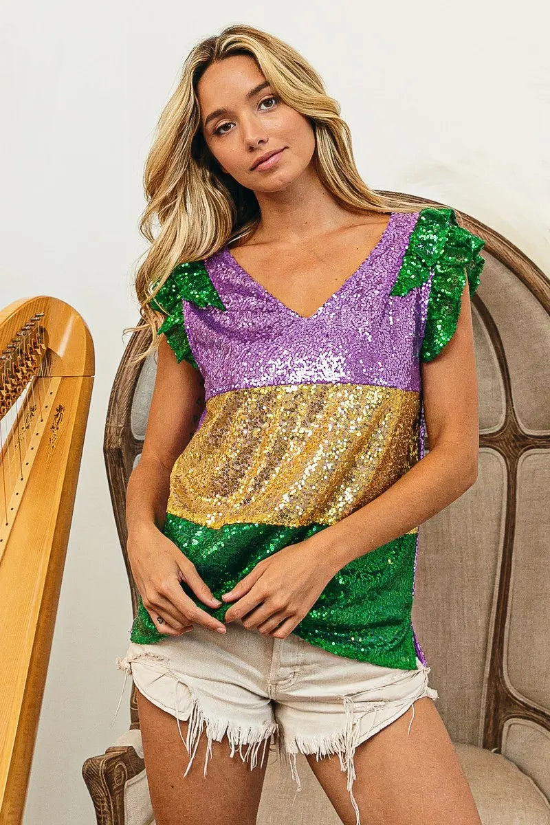 BiBi Mardi Gras Sequin Color Block Ruffled  Top