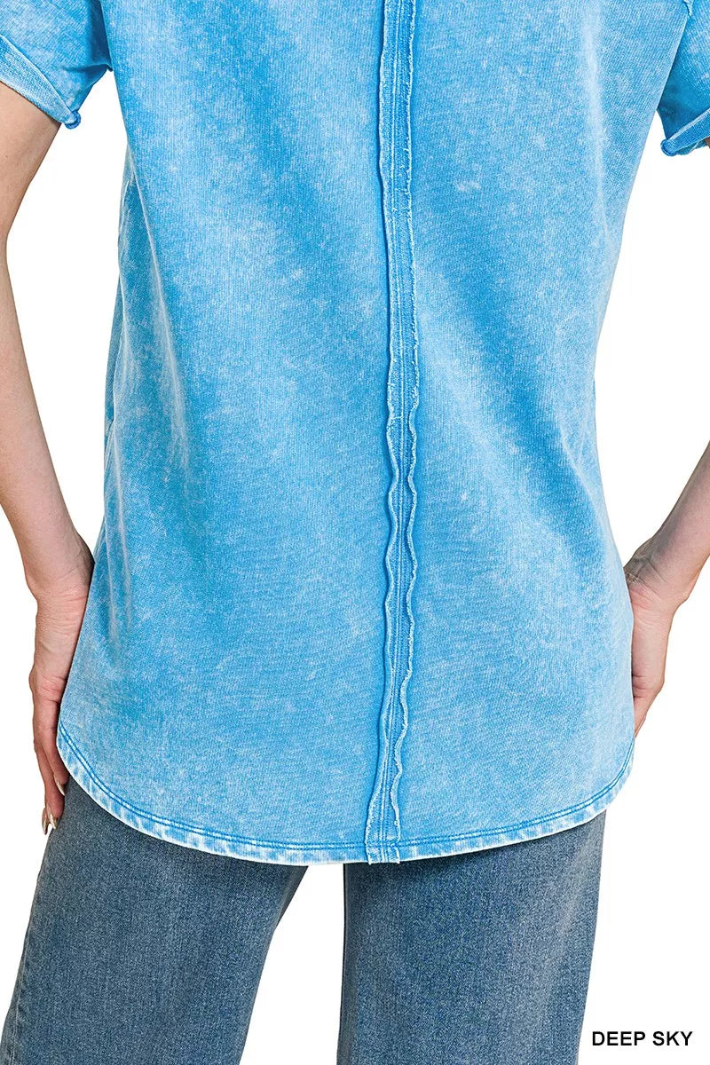 Zenana French Terry Washed Curved Hem Top