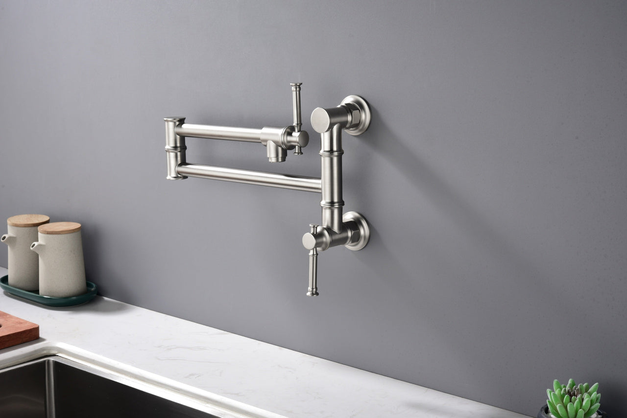 Wall mounted Pot Filler Faucet, Modern Brass Pot Filler Two-Attachment Wall Mount Folding Kitchen Pot Filler Swing Arm