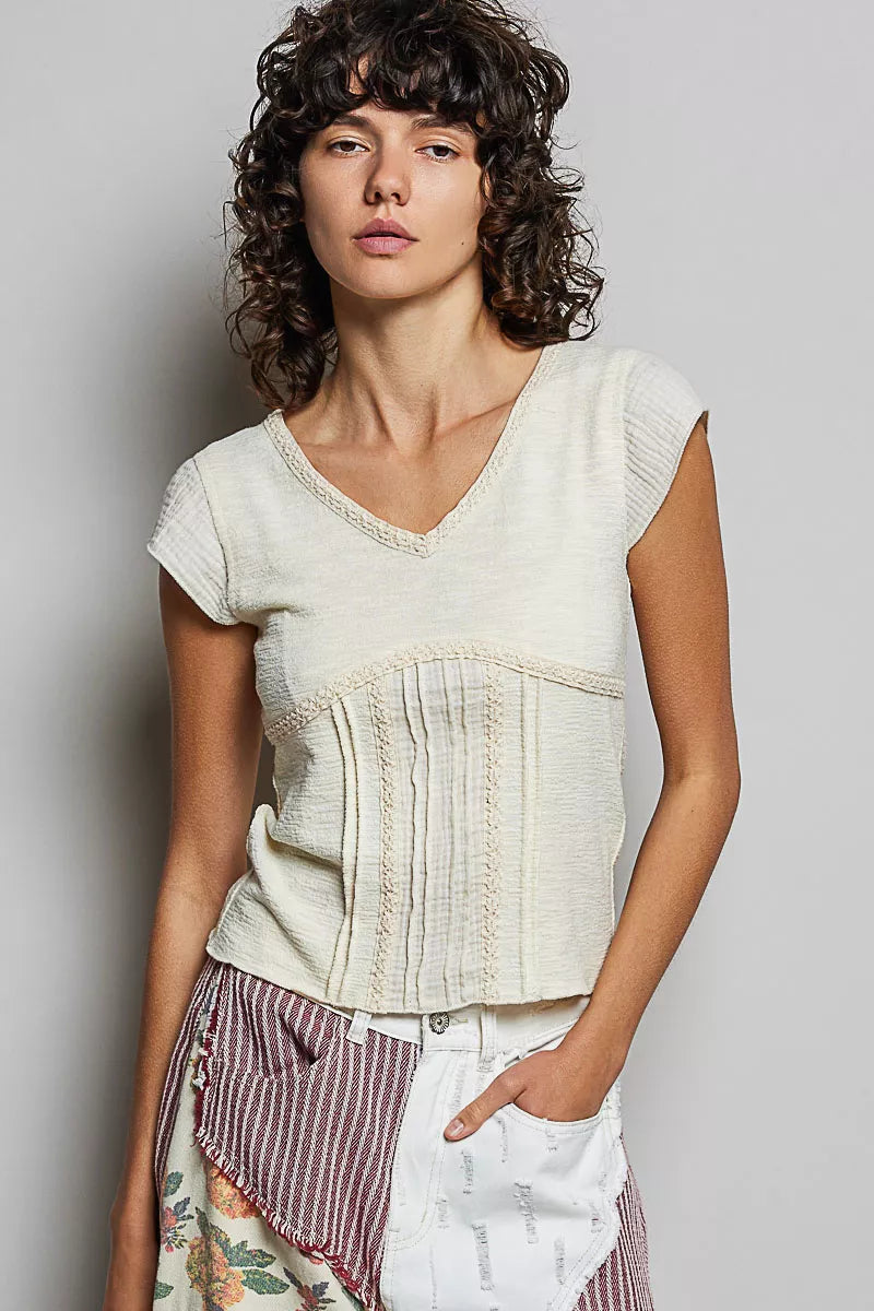 POL V-Neck Lightweight Textured Short Sleeve Knit Top with Lace Trim