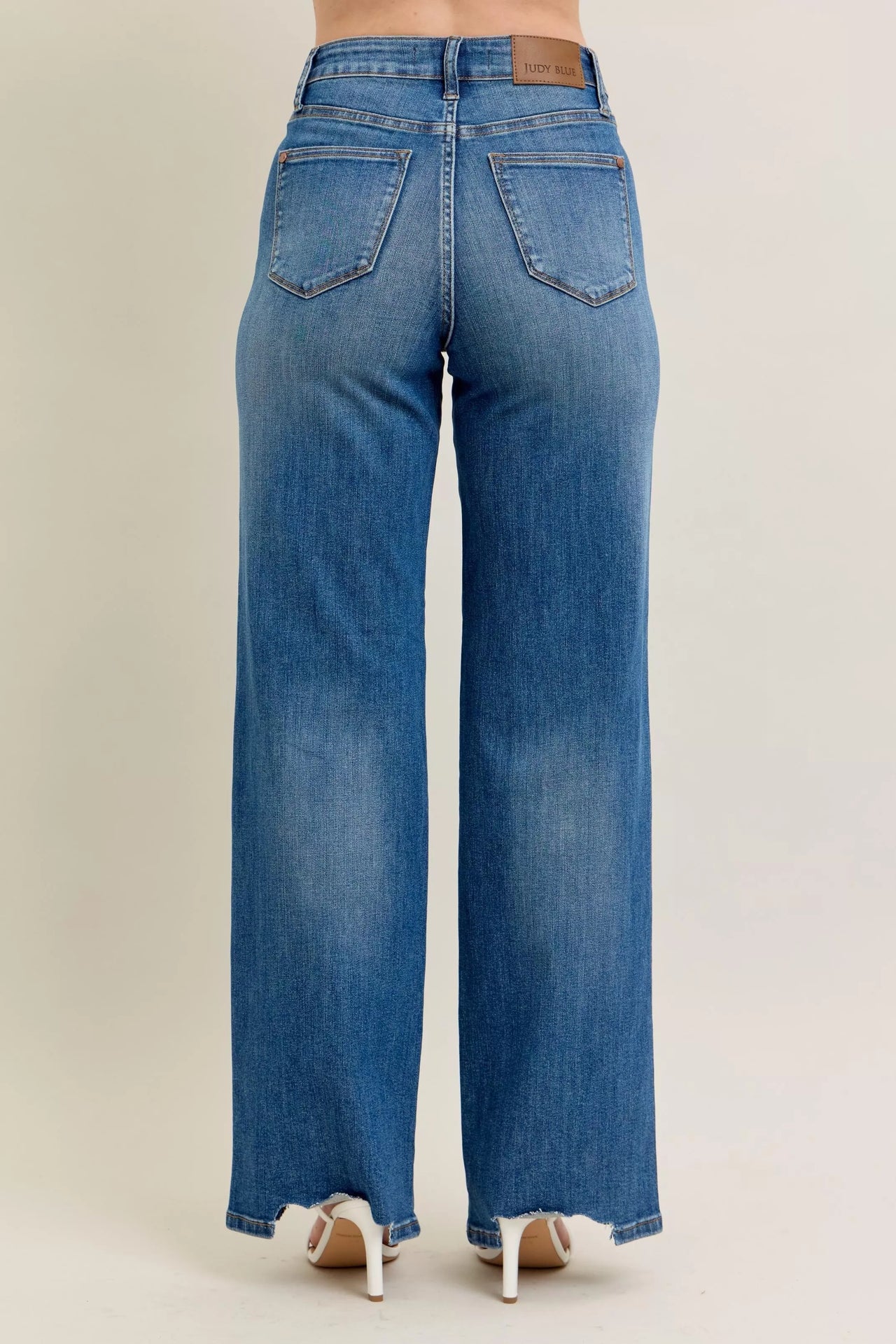 Judy Blue Full Size High Waist Tummy Control Chew Hem Destroyed Wide Jeans Plus Size
