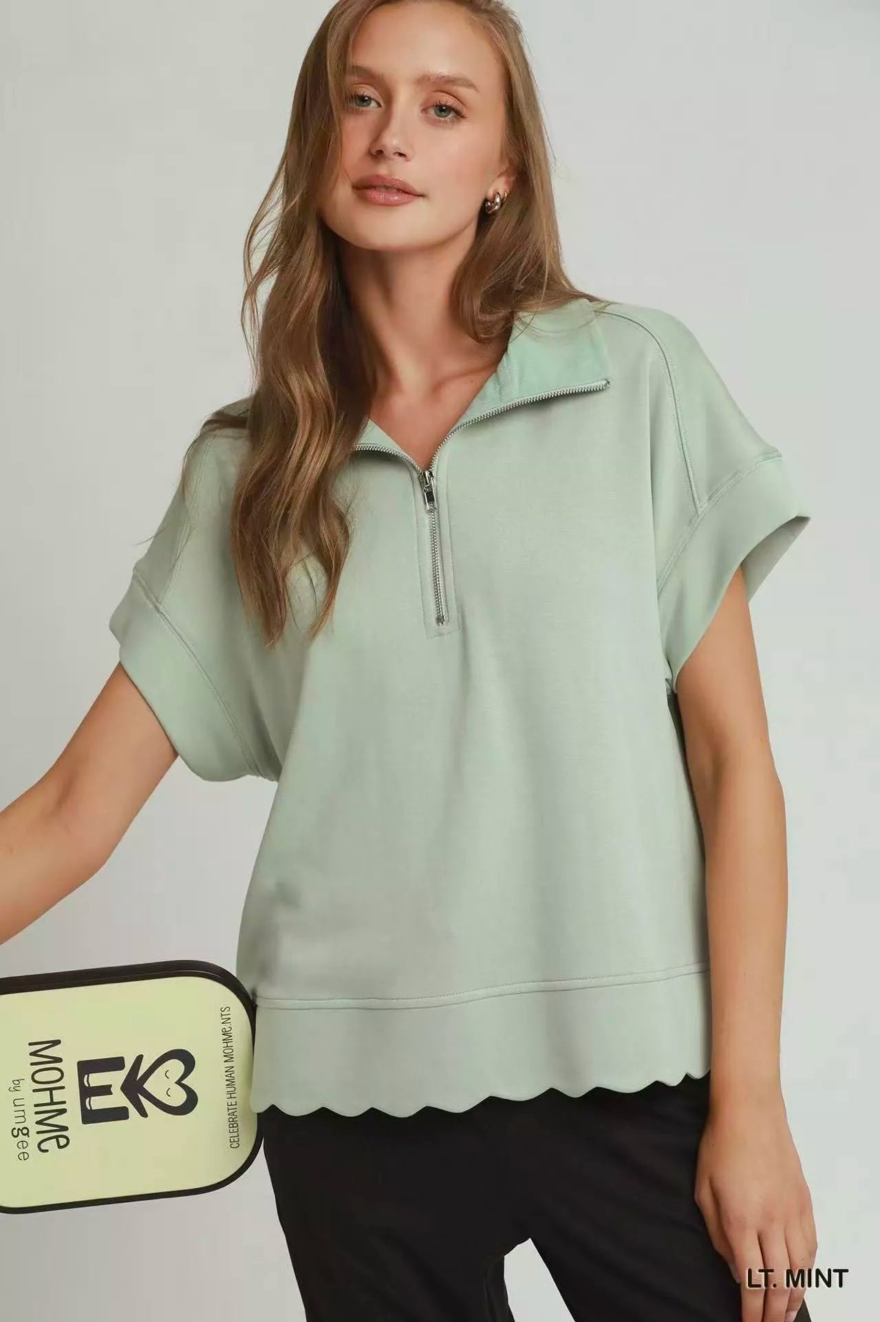 Umgee Half Zip Pullover with Scalloped Edge Hem